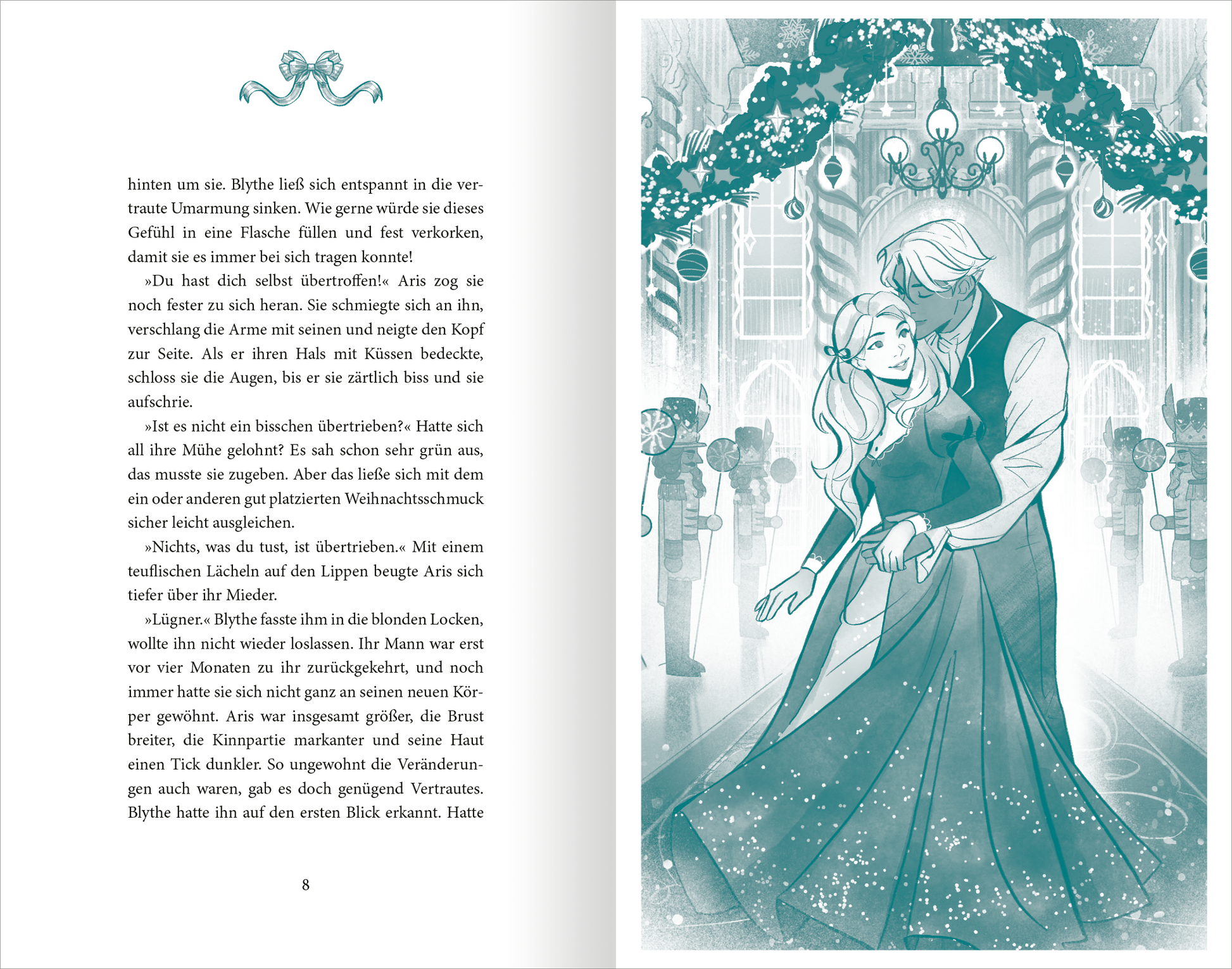 Gezeigt wird eine Innen- oder Zusatzansicht von „Holly – Eine Belladonna-Novelle“. Auf der rechten Seite befindet sich eine Illustration. Im Vordergrund sind zwei Figuren zu sehen, die sich umarmen, vor einer festlich dekorierten Umgebung mit Lichtern und Tannenzweigen. Der Text ist in einer klaren, eleganten Schriftart gesetzt, die gut lesbar ist.