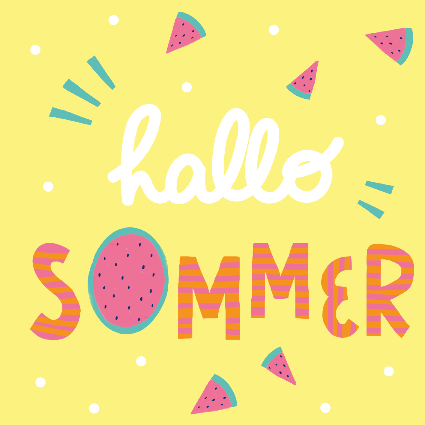 Gezeigt wird eine Innen- oder Zusatzansicht von „I Love Summer – Hallo Sommer“. Die Illustration zeigt einen gelben Hintergrund mit weißen Punkten. Im Vordergrund steht der Schriftzug „hallo“ in verspieltem, weißem Schriftstil und „SOMMER“ in bunten, wechselnden Farben und Streifenmustern. Um den Text sind kleine, grafische Wassermelonenscheiben und Sonnenstrahlen angeordnet, die eine fröhliche, sommerliche Atmosphäre vermitteln.