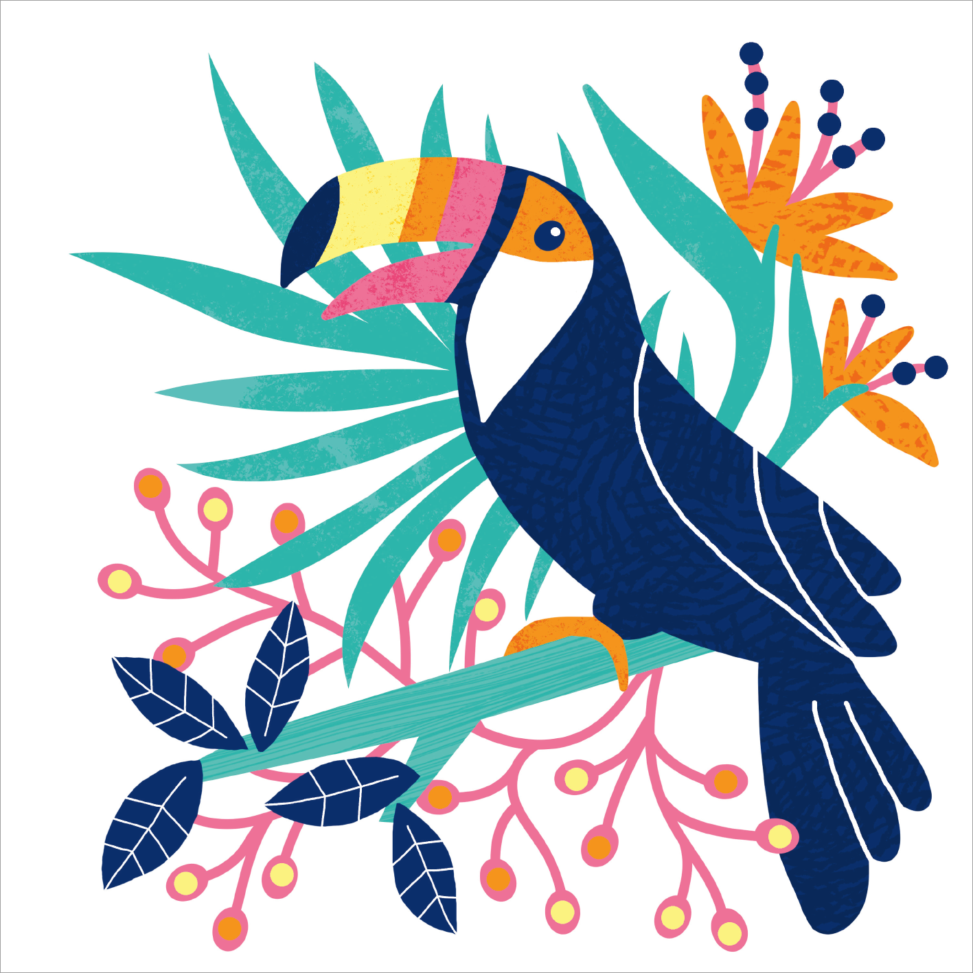 Gezeigt wird eine Innen- oder Zusatzansicht von „I Love Summer – Hallo Sommer“. Das Bild präsentiert einen bunten Tukan, der auf einem Ast sitzt und von tropischen Blättern umgeben ist. Die Farben sind lebhaft und dominieren in Blau, Gelb, Rosa und Grün, während orangefarbene und pinke Blumen sowie verschiedene grüne Blätter harmonisch integriert sind. Die Verwendung von klaren, modernen Formen und einer verspielten Typografie vermittelt ein sommerliches und fröhliches Gefühl.