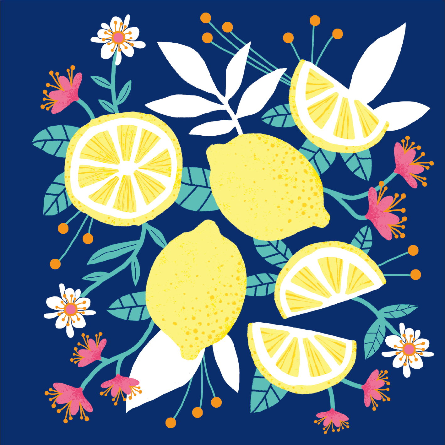 Gezeigt wird eine Innen- oder Zusatzansicht von „I Love Summer – Hallo Sommer“. Die Illustration zeigt eine lebendige Anordnung von gelben Zitronen, die sowohl ganz als auch in Scheiben dargestellt sind. Umgeben sind sie von grünen Blättern und bunten Blüten in Rosa und Weiß, die einen frischen, sommerlichen Eindruck vermitteln. Der Hintergrund ist in einem tiefen Blau gehalten, das die leuchtenden Farben der Früchte und Blumen hervorhebt, während die handschriftliche Typografie den...