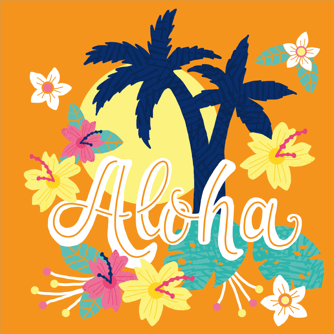 Gezeigt wird eine Innen- oder Zusatzansicht von „I Love Summer – Hallo Sommer“. Das Bild zeigt den Schriftzug „Aloha“ in geschwungener, weißer Typografie, umrahmt von bunten Blumen in verschiedenen Farben wie Pink, Gelb und Blau. Im Hintergrund sind stilisierte Palmen und eine große, gelbe Sonne, alles vor einem leuchtend orangefarbenen Hintergrund. Dieser fröhliche, sommerliche Kompositionsstil vermittelt Urlaubsstimmung und Lebensfreude.
