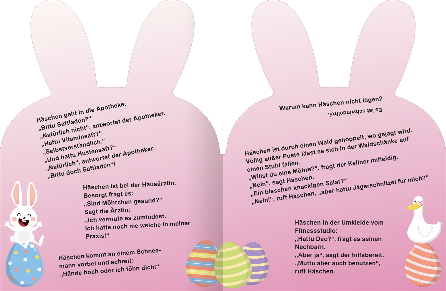 Gezeigt wird eine Innen- oder Zusatzansicht von „Häschen-Witze“. Die Doppelseite zeigt eine sanfte Farbverlauf-Hintergrund in Rosa- und Lilatönen. Auf der linken Seite sind witzige Dialoge zwischen einem Hasen und einem Apotheker abgebildet, während die rechte Seite weitere humorvolle Fragen und Antworten enthält. Die Schrift ist gut leserlich in fröhlichen, verspielten Schriftarten gestaltet. Illustrationen von bunten Ostereiern und einem lächelnden Hasen mit langen Ohren ergänzen...