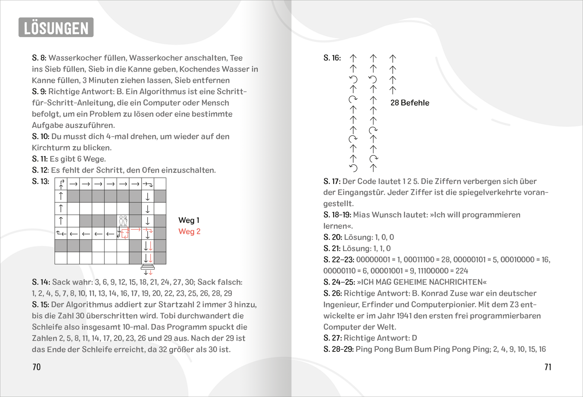 Gezeigt wird eine Innen- oder Zusatzansicht von „Science und Kids – Informatik-Rätsel“. Die Seite präsentiert eine klare, strukturierte Lösung mit nummerierten Abschnitten, die eine Mischung aus Text und visuellen Elementen enthält. Der Hintergrund ist schlicht, um die Lesbarkeit zu fördern. Die Typografie ist modern, mit hinweisenden Pfeilen und eingekreisten Zahlen, die auf Aufgaben und Lösungen hinweisen. Das Farbschema ist neutral, um den Fokus auf die Informationen zu lenken.