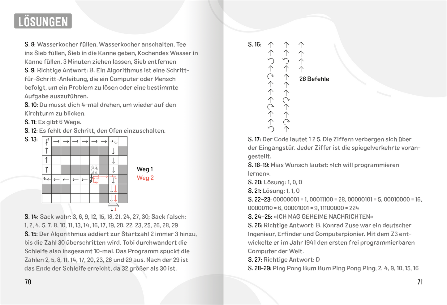 Gezeigt wird eine Innen- oder Zusatzansicht von „Science und Kids – Informatik-Rätsel“. Die Seite präsentiert eine klare, strukturierte Lösung mit nummerierten Abschnitten, die eine Mischung aus Text und visuellen Elementen enthält. Der Hintergrund ist schlicht, um die Lesbarkeit zu fördern. Die Typografie ist modern, mit hinweisenden Pfeilen und eingekreisten Zahlen, die auf Aufgaben und Lösungen hinweisen. Das Farbschema ist neutral, um den Fokus auf die Informationen zu lenken.