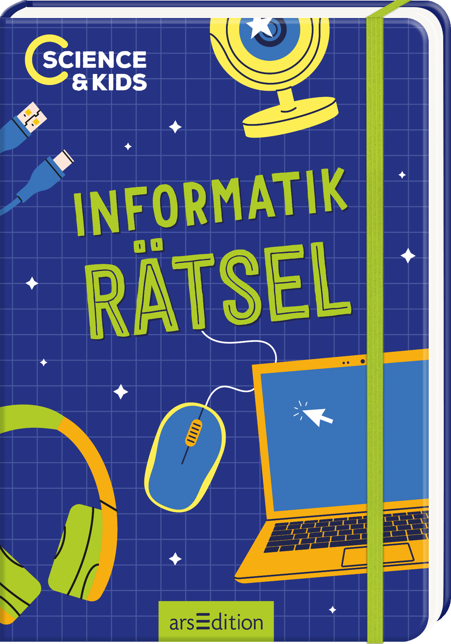 Das Buchcover zeigt einen blauen Hintergrund mit einem Gittermuster, auf dem verschiedene illustrative Elemente der Informatik präsentiert sind, darunter ein Laptop, eine Computermaus, Kopfhörer und USB-Kabel in frischen Farben. Der Titel „Informatik Rätsel“ ist in großen, grünen Buchstaben prominent platziert, während die Schriftart modern und spielerisch wirkt. Oben links findet sich der Schriftzug „Science & Kids“, der das Konzept des Buches unterstreicht. Ganz unten mittig...