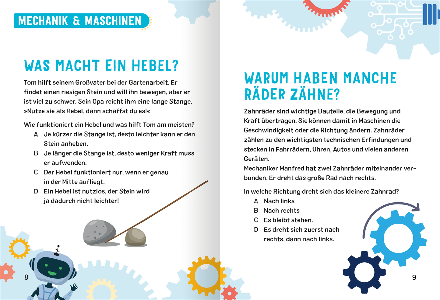 Gezeigt wird eine Innen- oder Zusatzansicht von „Science & Kids – Technik-Rätsel“. Die Seite enthält zwei Abschnitte in kräftigen Farben wie Blau und Gelb. Links befindet sich ein Text über Hebel mit einer Illustration eines Steins und einer langen Stange. Rechts wird erklärt, warum Räder Zähne haben, begleitet von einer Grafik, die Zahnräder darstellt. Die Schrift ist klar und gut lesbar, mit ansprechenden Illustrationen, die das Thema kindgerecht aufbereiten.