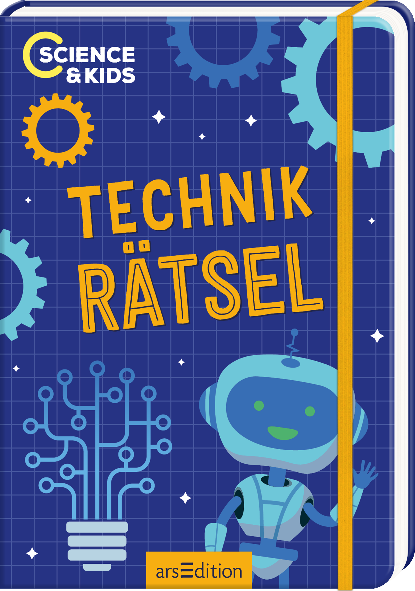 Das Buchcover zeigt einen tiefblauen Hintergrund mit einem gitterartigen Muster. Darauf sind gelbe Zahnräder und ein stilisierter Roboter abgebildet, der freundlich lächelt und eine Hand hebt. Der Titel „TECHNIK RÄTSEL“ ist groß und in gelber Schrift mittig platziert. Oben links befindet sich der Schriftzug „SCIENCE & KIDS“ in einer runden, gelben Form. Ganz unten mittig steht der Logoschriftzug von arsEdition.
