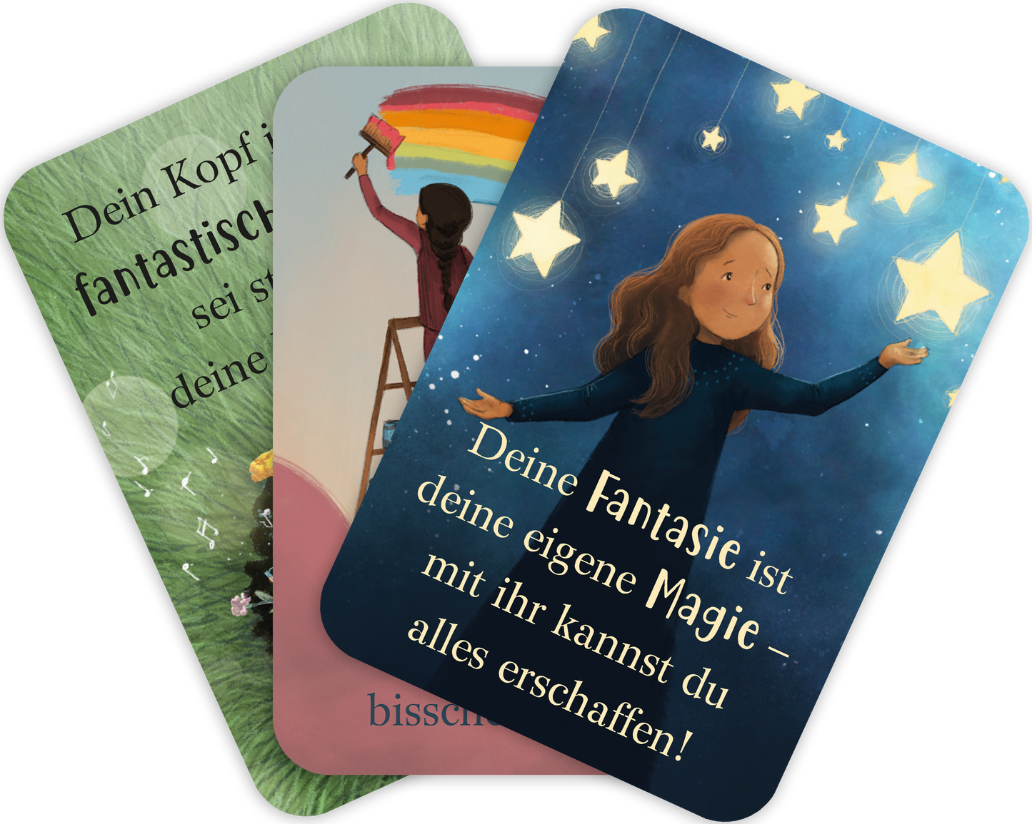 Gezeigt wird eine Innen- oder Zusatzansicht von „Mutmachkarten für ein wundervolles Mädchen wie dich“. Die Karten präsentieren verschiedene Motivationen in sanften Farben. Eine Karte zeigt ein Mädchen, das mit einer Farbrolle einen Regenbogen malt, während eine andere Sterne am Himmel hält. Die typografische Gestaltung ist verspielt und einladend, mit liebevollen Botschaften wie „Deine Fantasie ist deine eigene Magie – mit ihr kannst du alles erschaffen!“ Die harmonischen Farben...