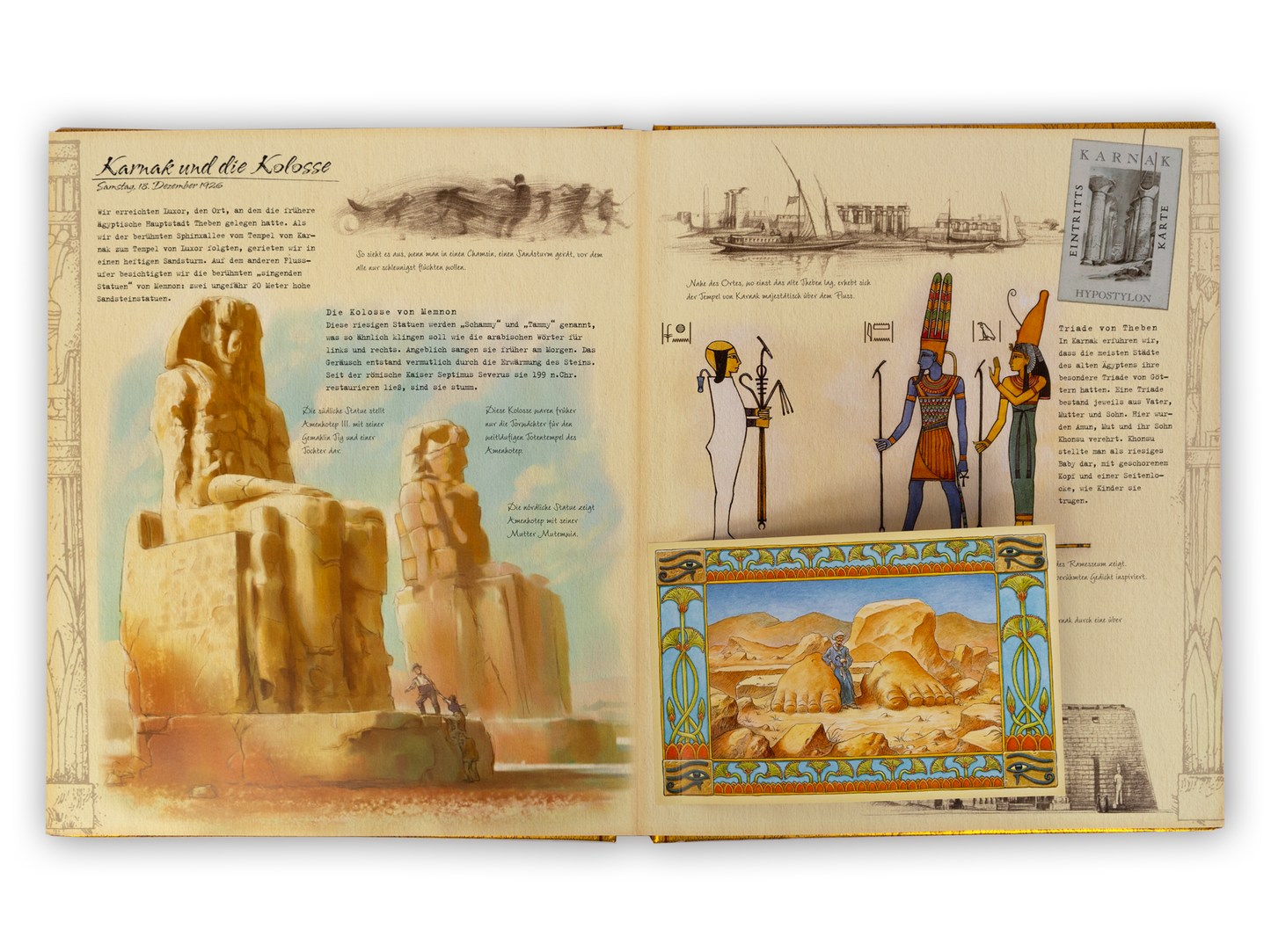 Gezeigt wird eine Innen- oder Zusatzansicht von „Expedition ins alte Ägypten“. Die Seite zeigt eine Mischung aus Illustrationen und Texten in sanften Erdtönen. Dominante Farbnuancen sind Beige und Braun, kombiniert mit leuchtendem Blau und Gold. Typografisch sind die Überschriften in einer klaren, serifenlosen Schrift gehalten, während Fließtexte in einer gut lesbaren Serifenschrift gestaltet sind. Illustrationen von Monumenten und ägyptischen Figuren ergänzen den Text und schaffen...