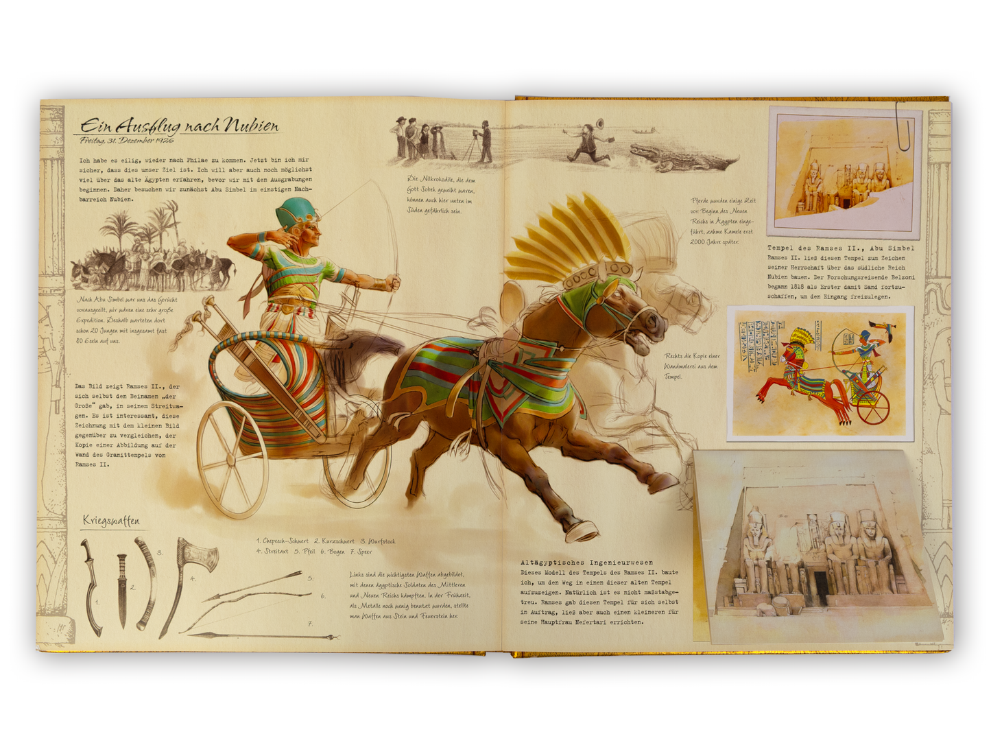 Gezeigt wird eine Innen- oder Zusatzansicht von „Expedition ins alte Ägypten“. Die Doppelseite zeigt eine lebendige Darstellung eines ägyptischen Kriegers auf einem Streitwagen, umgeben von einer warmen, sandfarbenen Hintergrundgestaltung. Auf der linken Seite sind Skizzen und Texte zu sehen, die historische Elemente beschreiben. Die Typografie ist klar und gut lesbar, überwiegend in Schwarz auf hellem Grund. Farbige Illustrationen und Fotos ergänzen das Hauptbild und schaffen eine...