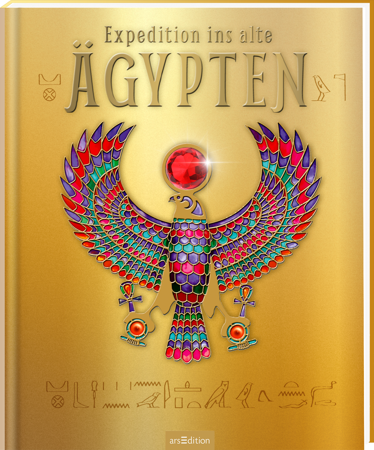 Das Buchcover zeigt einen goldenen Hintergrund. Zentral ist ein bunt gestalteter, stilisierter Phönix mit leuchtenden Farben wie Blau, Rot und Grün, umgeben von Hieroglyphen. Oben steht in eleganter Schriftzüge „Expedition ins alte Ägypten“. Die Atmosphäre wirkt geheimnisvoll und einladend. Ein SPIEGEL-Bestseller-Button ist vorhanden, jedoch nicht im Detail beschrieben. Ganz unten mittig steht der Logoschriftzug von arsEdition.
