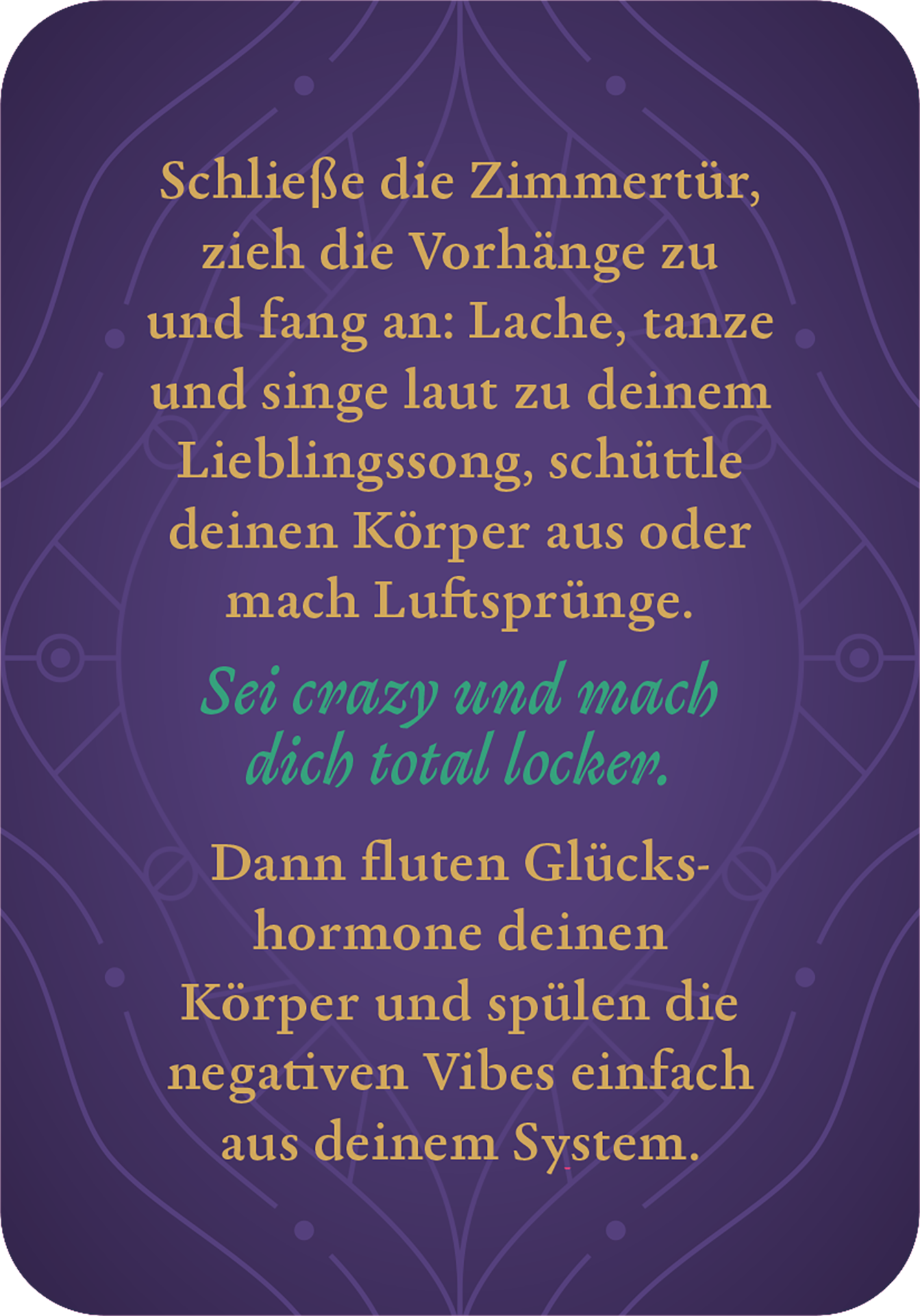 Gezeigt wird eine Innen- oder Zusatzansicht von „Das kleine Erotik-Orakel“. Der Hintergrund ist in einem tiefen Lila gehalten, darunter schimmern geometrische Muster. Der Text, in einer Mischung aus eleganten Serifen und verspielten Schriftarten, ist überwiegend in Weiß, Gold und einem sanften Türkis gestaltet. Zentrale Elemente der Botschaft fördern eine positive Einstellung und Selbstakzeptanz, indem sie zu körperlicher Aktivität und emotionaler Entfaltung anregen.