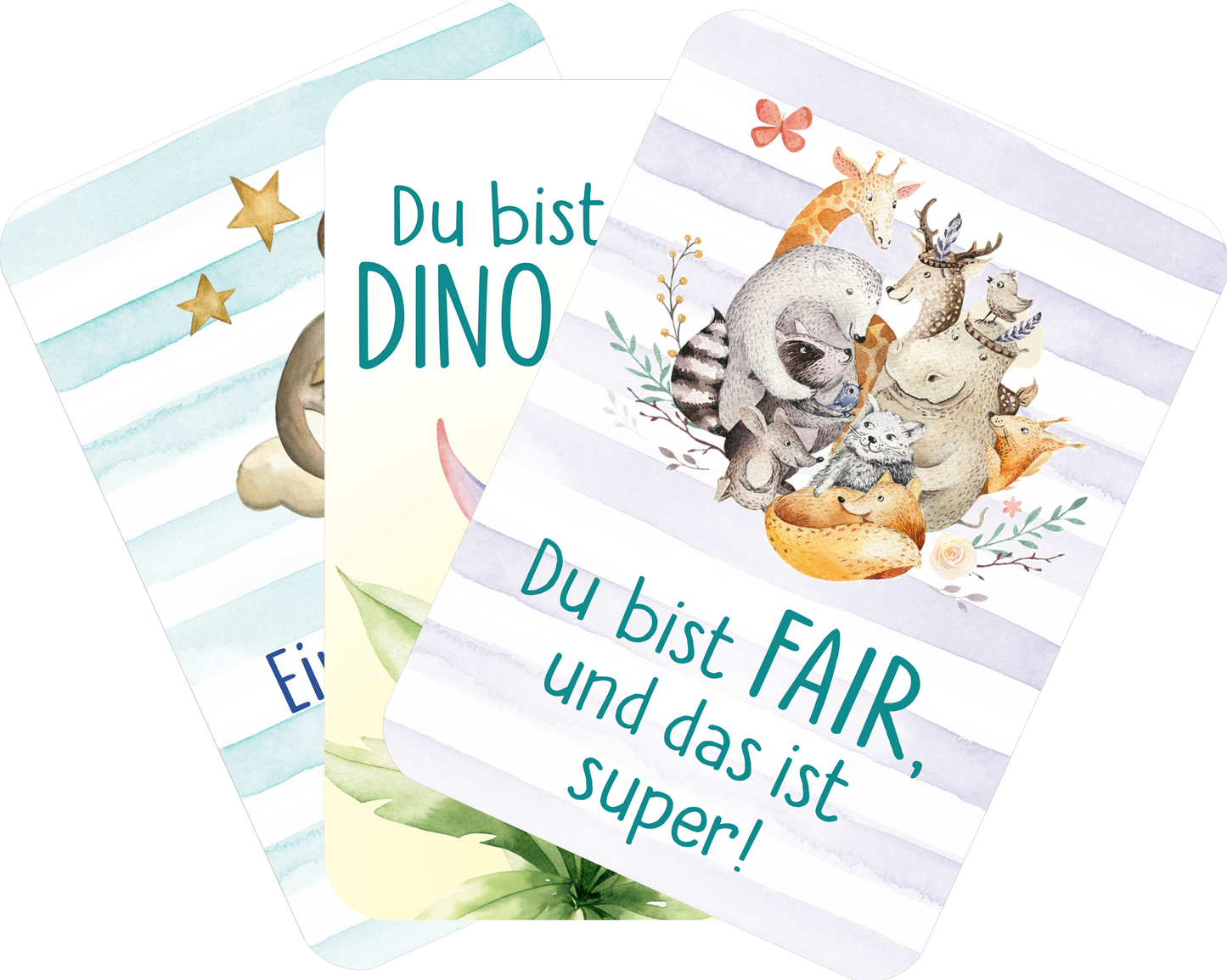 Auf der Innenseite des Buches „Mutmachkarten – Dino (Aquarelloptik)“ sind drei Karten zu sehen. Die Karten haben einen sanften Aquarellhintergrund in verschiedenen Farben: blau-weiß gestreift, hellgelb und pastellgrün. Auf der mittleren Karte steht der Text „Du bist DINO“ in kräftigem Grün, umgeben von niedlichen, acqua-farbenen Tieren. Die anderen Karten tragen die Aufschriften „Du bist FAIR, und das ist super!“ sowie „Ein kleiner Stern“.