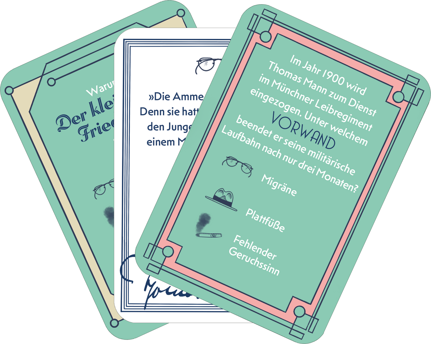 Gezeigt wird eine Innen- oder Zusatzansicht von „Das große Thomas-Mann-Quiz“. Die Ansicht zeigt mehrere Karten in pastellfarbenen Tönen wie Grün und Blau. Jede Karte verfügt über eine unterschiedliche Farbgestaltung mit dekorativen Rahmen. Die Vorderseiten enthalten Fragen und Zitate, oft in einer klaren, serifenlosen Typografie, während die Rückseiten eine Mischung aus handschriftlichen und gedruckten Texten zeigen. Illustrative Elemente wie Brillen und Rauchzeichen ergänzen das...