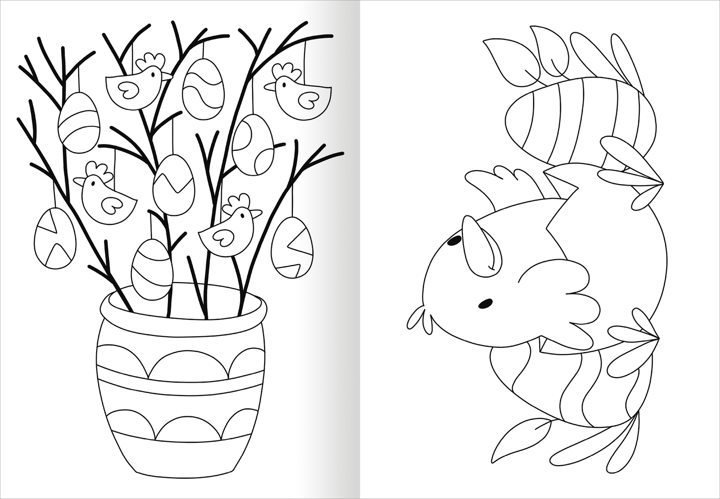 Gezeigt wird eine Innen- oder Zusatzansicht von „Ausmal-Fensterbilder Ostern“. Auf der linken Seite ist ein Topf mit bunten Ostereiern und kleinen Vögeln zu sehen, die an Zweigen hängen. Der Topf ist mit einem geometrischen Muster verziert. Auf der rechten Seite befindet sich ein niedlicher, stilisierter Fisch mit einem lächelnden Gesicht. Beide Motive sind in klaren, dicken Umrissen gehalten, die zum Ausmalen einladen.