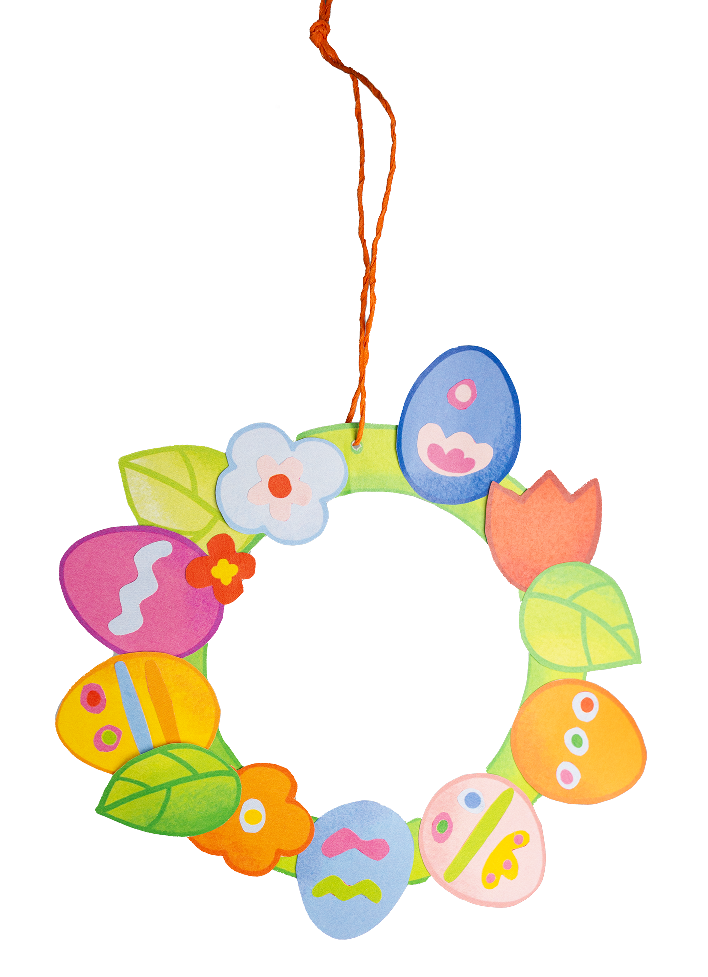 Gezeigt wird eine Innen- oder Zusatzansicht von „Mein erstes Sticker-Bastelheft – Ostern“. Die Abbildung zeigt einen bunten Kranz, der aus verschiedenen bemalten Ostereiern und grünen Blättern besteht. Die Eier sind in lebhaften Farben wie Pink, Blau, Gelb und Lila gehalten, jeweils mit fantasievollen Mustern. Ergänzt wird der Kranz durch farbenfrohe Blumen. Der Kranz ist an einer orangefarbenen Schnur aufgehängt.