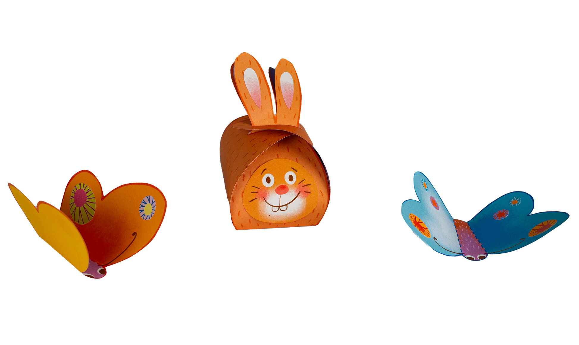 Gezeigt wird eine Innen- oder Zusatzansicht von „Mein erstes Sticker-Bastelheft – Ostern“. Die Darstellung zeigt mehrere bunt gestaltete Bastelobjekte, darunter einen auffälligen orangefarbenen Hasen mit aufgestellten Ohren und ein paar farbenfrohe Schmetterlinge in Blau und Gelb. Die Elemente sind mit fröhlichen, kindgerechten Mustern und Blumen verziert, was eine lebhafte und einladende Atmosphäre schafft.