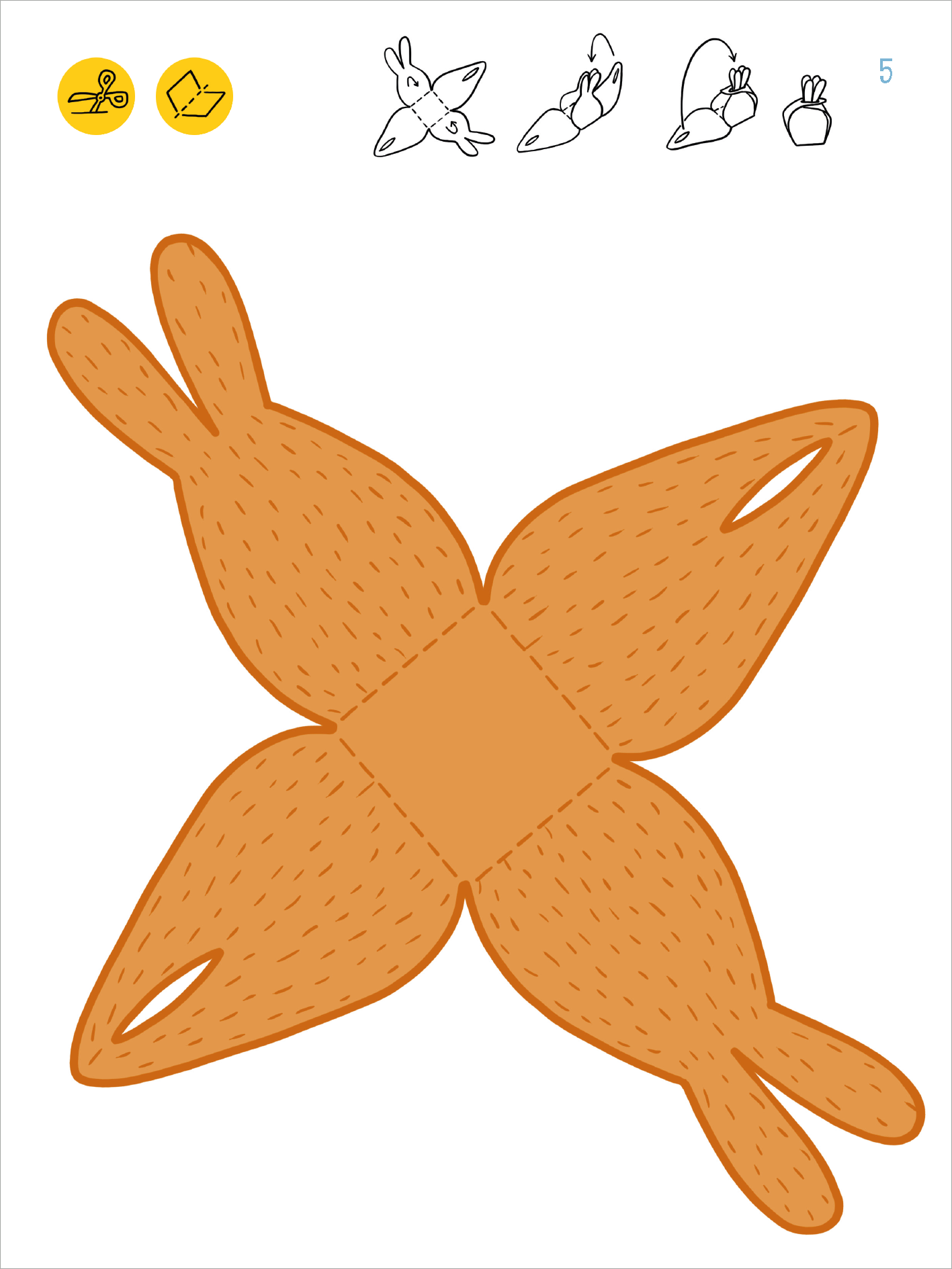 Gezeigt wird eine Innen- oder Zusatzansicht von „Mein erstes Sticker-Bastelheft – Ostern“. Die Abbildung zeigt eine Bastelanleitung für ein niedliches Osterkörbchen in Form eines Hasen. Der Hase ist in einem warmen Orange gehalten, mit feinen, braunen Strukturen, die seine Felltextur simulieren. Oben links befinden sich einfache Symbole für das Ausschneiden und die Anwendung, während die klare, kindgerechte Typografie die Anleitung ergänzt.