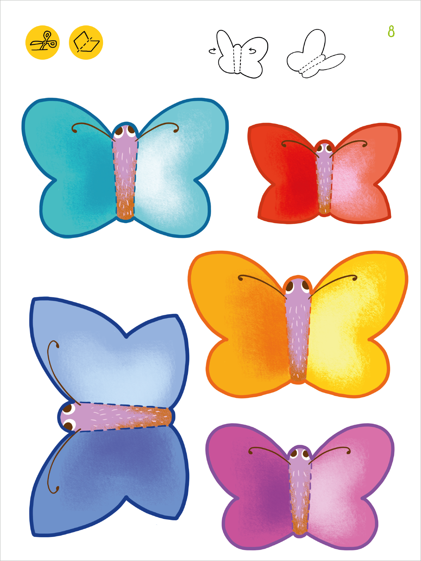 Gezeigt wird eine Innen- oder Zusatzansicht von „Mein erstes Sticker-Bastelheft – Ostern“. Auf der Seite sind fünf kunterbunte Schmetterlinge in leuchtenden Farben wie Blau, Rot, Türkis, Gelb und Rosa abgebildet. Die Schmetterlinge haben runde Formen mit großen, ausdrucksvollen Augen und einem stilisierten Körper. Oben links sind die Symbole „Schneiden“ und „Basteln“ in Gelb dargestellt, welche die Interaktivität der Seite betonen. Die Schrift ist klar und kindgerecht...