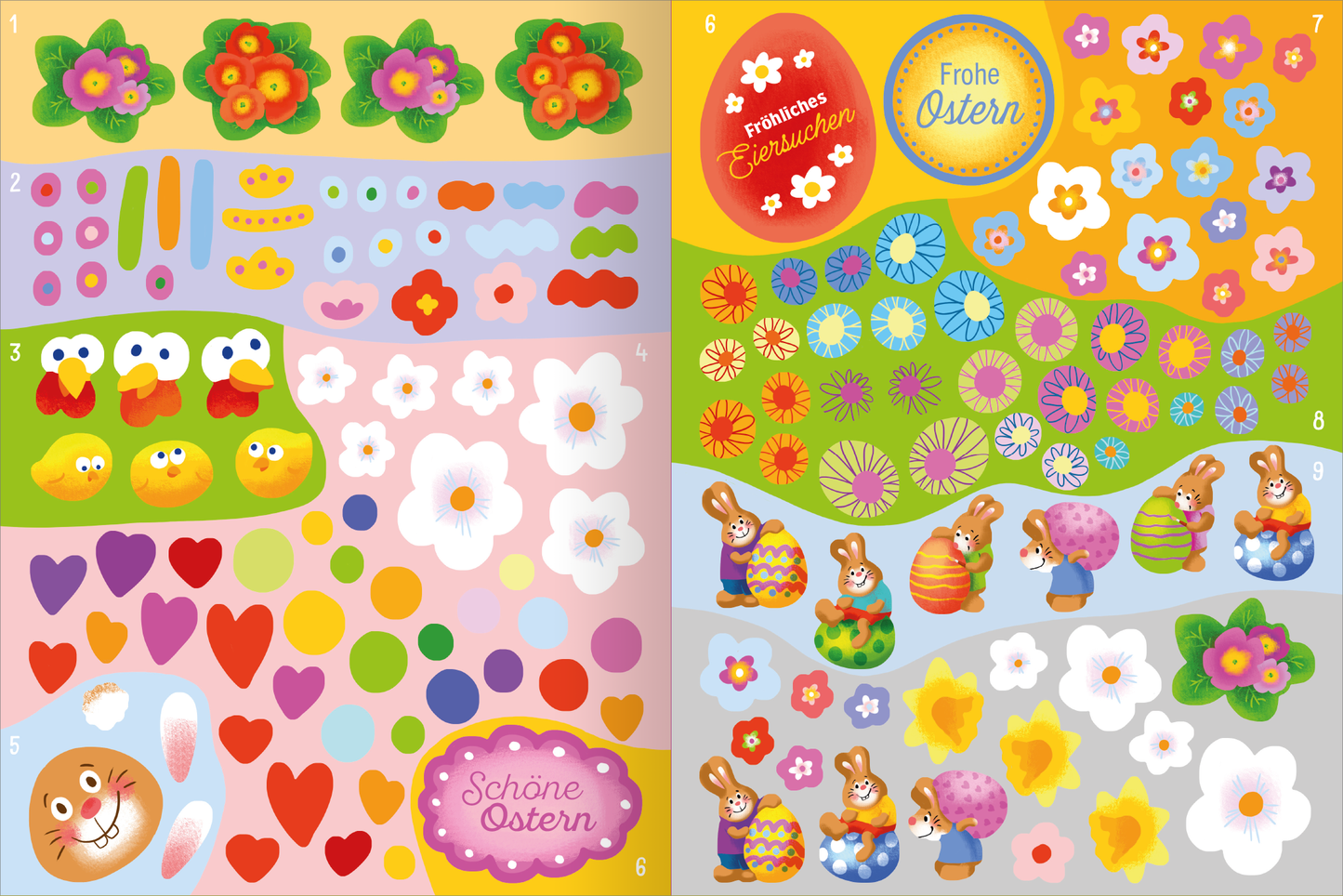 Gezeigt wird eine Innen- oder Zusatzansicht von „Mein erstes Sticker-Bastelheft – Ostern“. Die Seite ist bunt und fröhlich gestaltet, mit verschiedenen Aufklebern in Form von Blumen, Herzen, Ostereiern und Tieren. Farbtöne variieren von leuchtendem Gelb und Orange bis hin zu sanften Rosa- und Grüntönen. Die Schriftarten sind kinderfreundlich und versprühen eine spielerische Atmosphäre, während die Illustrationen lebhaft animalische und florale Motive zeigen.