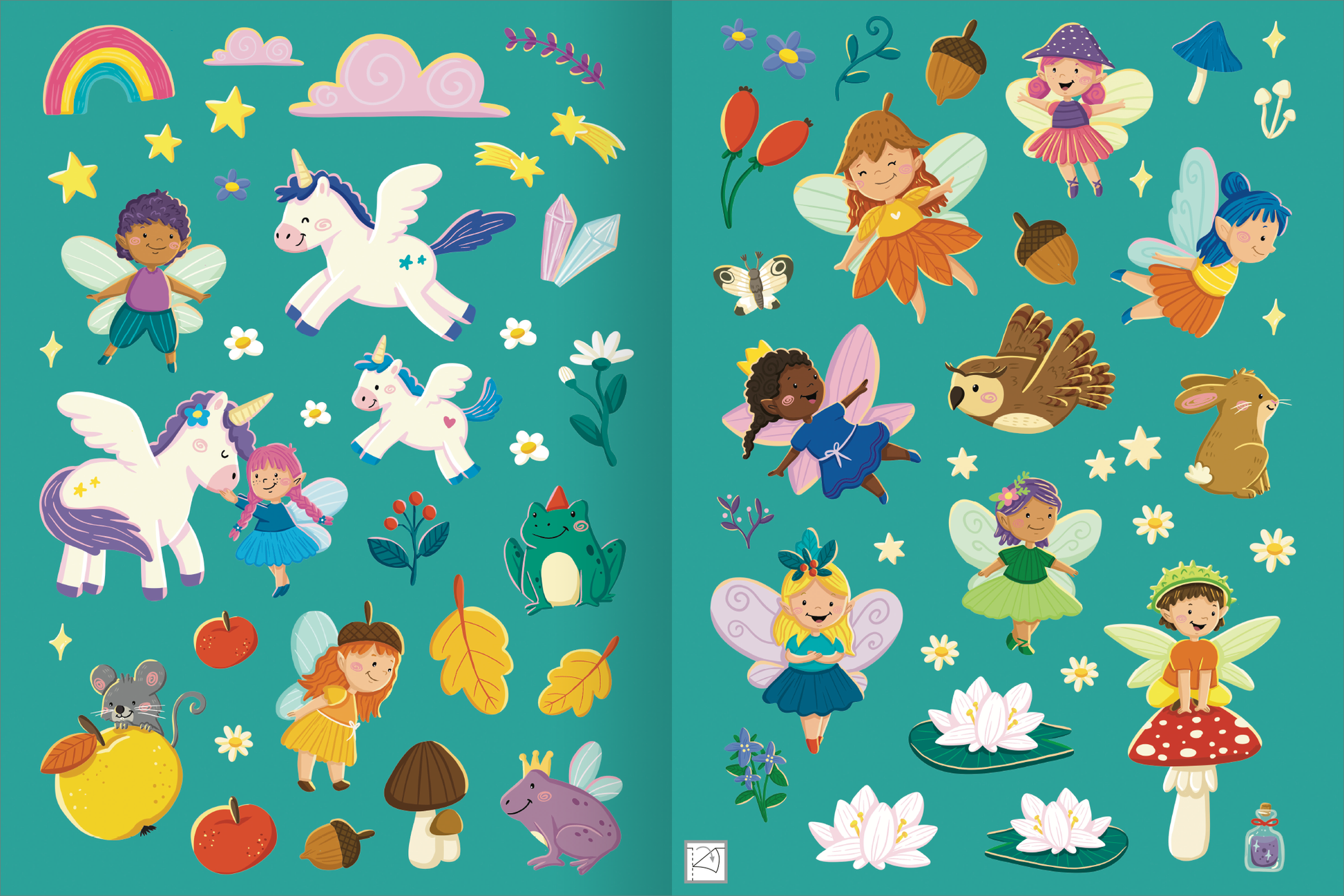 Gezeigt wird eine Innen- oder Zusatzansicht von „Erstes Stickern Metallic – Feen“. Die Seite zeigt auf einem einheitlichen, türkisfarbenen Hintergrund buntillustrierte Elemente. Zu sehen sind verschiedene Feen in unterschiedlichen Farben, darunter Blau, Pink und Gelb, die mit Flügeln und fröhlichen Gesichtsausdrücken dargestellt sind. Außerdem sind Einhörner, Tiere, Blumen und Früchte in lebhaften Farben abgebildet. Die Gestaltung ist verspielt und einladend, ideal für Kinder....