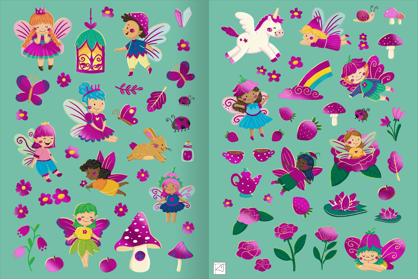 Gezeigt wird eine Innen- oder Zusatzansicht von „Erstes Stickern Metallic – Feen“. Die Abbildung zeigt auf einem frischen, mintgrünen Hintergrund eine Vielzahl von bunten Stickern. Hauptsächlich sind Feen in verschiedenen Farben, darunter Pink und Lila, sowie ein Einhorn und andere magische Elemente wie Blumen, Schmetterlinge und Pilze dargestellt. Die Farbpalette ist lebhaft und harmonisch, mit akzentuierten Metallic-Elementen, die den Stickern einen glanzvollen Effekt verleihen. Die...