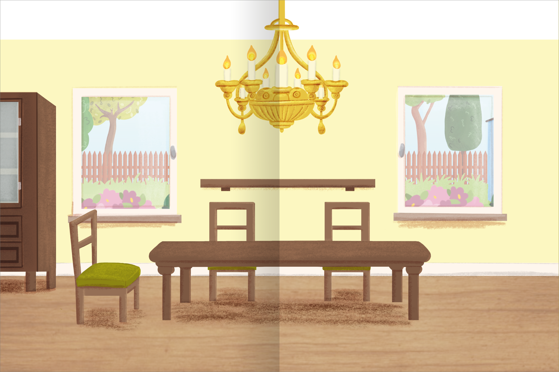 Gezeigt wird eine Innenansicht von „Erstes Stickern – Stickerhaus“. Der Raum bietet eine gelbe Wandfarbe, die eine gemütliche Atmosphäre schafft. In der Mitte befindet sich ein dunkler Holztisch mit einer grünen Stuhllehne. Oberhalb des Tisches hängt ein goldener Kronleuchter. An den Wänden sind zwei Fenster, die einen Blick auf einen Garten mit einem hellen Zaun und bunten Blumen ermöglichen.