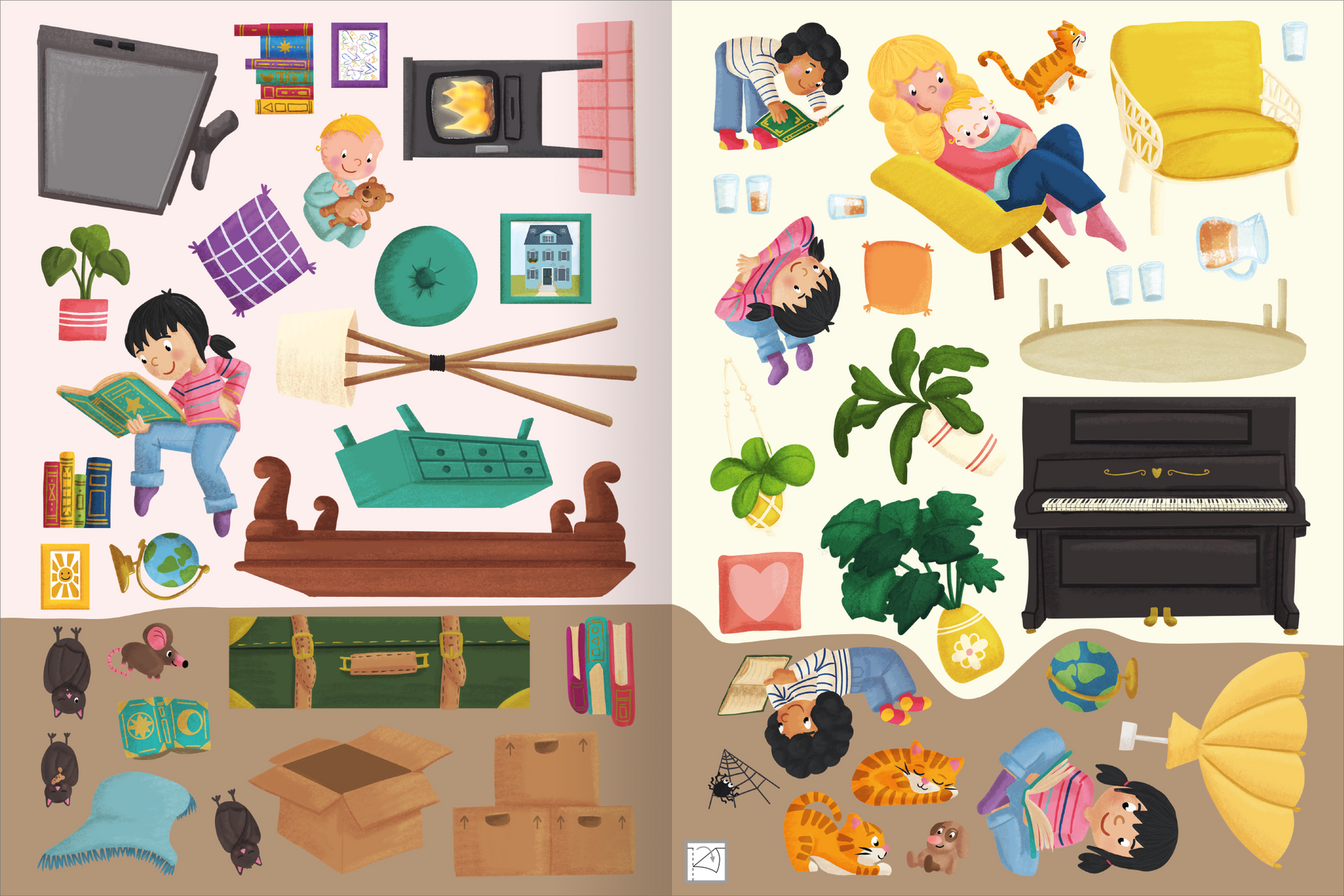 Gezeigt wird eine Innenansicht von „Erstes Stickern – Stickerhaus“. Die Illustration zeigt eine bunte Sammlung von Gegenständen und Szenen in einem kindlichen Stil. Auf der linken Seite sind Bücher, ein Klavier, eine Kiste und ein Kind mit einem Plüschtier zu sehen. Die rechte Seite zeigt ein Sofa und spielende Kinder. Die Farbpalette umfasst freundliches Gelb, sanftes Grün und warme Erdtöne, während die Typografie klar und verspielt wirkt.