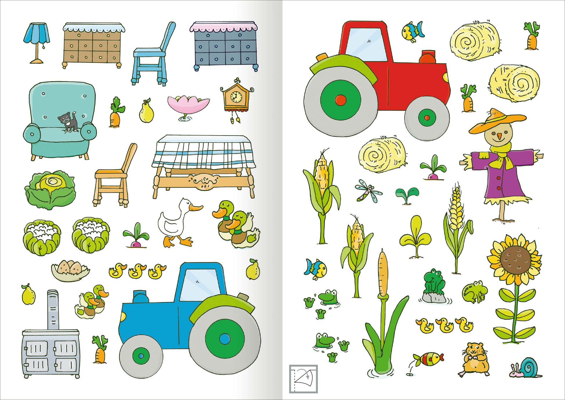 Gezeigt wird eine Innen- oder Zusatzansicht von „MINI-Stickerheft – Bauernhof“. Die Seite enthält bunte, kindgerechte Illustrationen, darunter ein blauer Traktor, Möhren, Gemüse und eine Sonnenblume. Auf der linken Seite sind verschiedene Möbelstücke wie ein Tisch und Stühle abgebildet. Die Farben sind überwiegend lebhaft und fröhlich, mit viel Grün, Gelb und Rot. Die Typografie ist einfach und gut lesbar, ideal für Kinder.