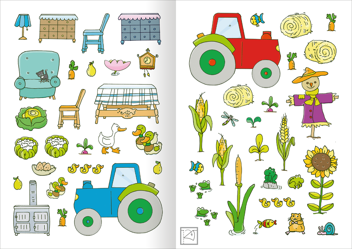 Gezeigt wird eine Innen- oder Zusatzansicht von „MINI-Stickerheft – Bauernhof“. Die Seite enthält bunte, kindgerechte Illustrationen, darunter ein blauer Traktor, Möhren, Gemüse und eine Sonnenblume. Auf der linken Seite sind verschiedene Möbelstücke wie ein Tisch und Stühle abgebildet. Die Farben sind überwiegend lebhaft und fröhlich, mit viel Grün, Gelb und Rot. Die Typografie ist einfach und gut lesbar, ideal für Kinder.