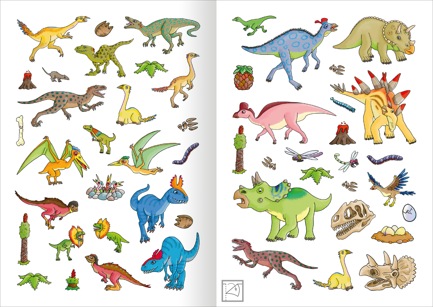 Gezeigt wird eine Innen- oder Zusatzansicht von „MINI-Stickerheft – Dinosaurier“. Die Seite präsentiert eine bunte Auswahl an Dinosaurier-Stickern in verschiedenen Szenerien, darunter prähistorische Pflanzen und kleine Elemente wie Eier und Fossilien. Die Farben sind lebhaft und ansprechend, mit grünen, blauen und roten Tönen. Die Illustrationen sind kindgerecht und klar umrissen, sodass sie leicht zu erkennen sind. Die Typografie ist verspielt und ergänzt die fröhliche Gestaltung...