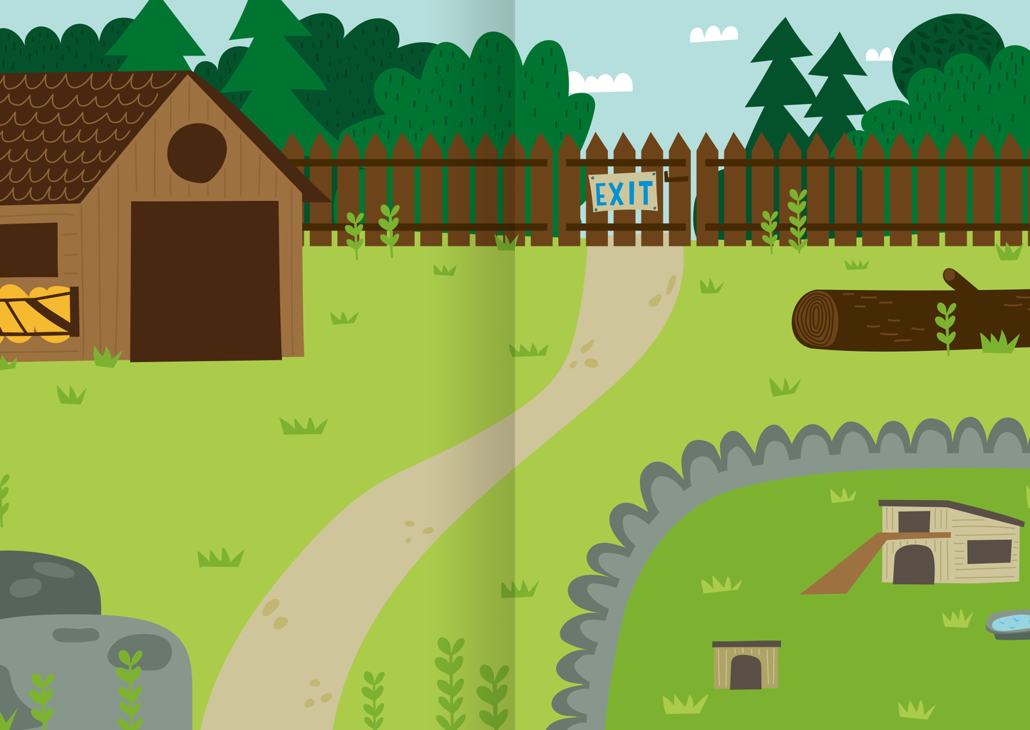 Gezeigt wird eine Innen- oder Zusatzansicht von „MINI-Stickerheft – Im Zoo“. Die Illustration zeigt eine bunte, kinderfreundliche Szenerie mit einem Gehege aus Holz und einem Zaun im Hintergrund. Auf einem hellen, pastellfarbenen Himmel sind einige Wolken sichtbar. Ein Weg schlängelt sich durch die grüne Landschaft, vorbei an Steinen und einem Baumstamm. Am Ende des Weges befindet sich ein Schild mit der Aufschrift „EXIT“. Die Farben sind lebhaft und einladend, während die...