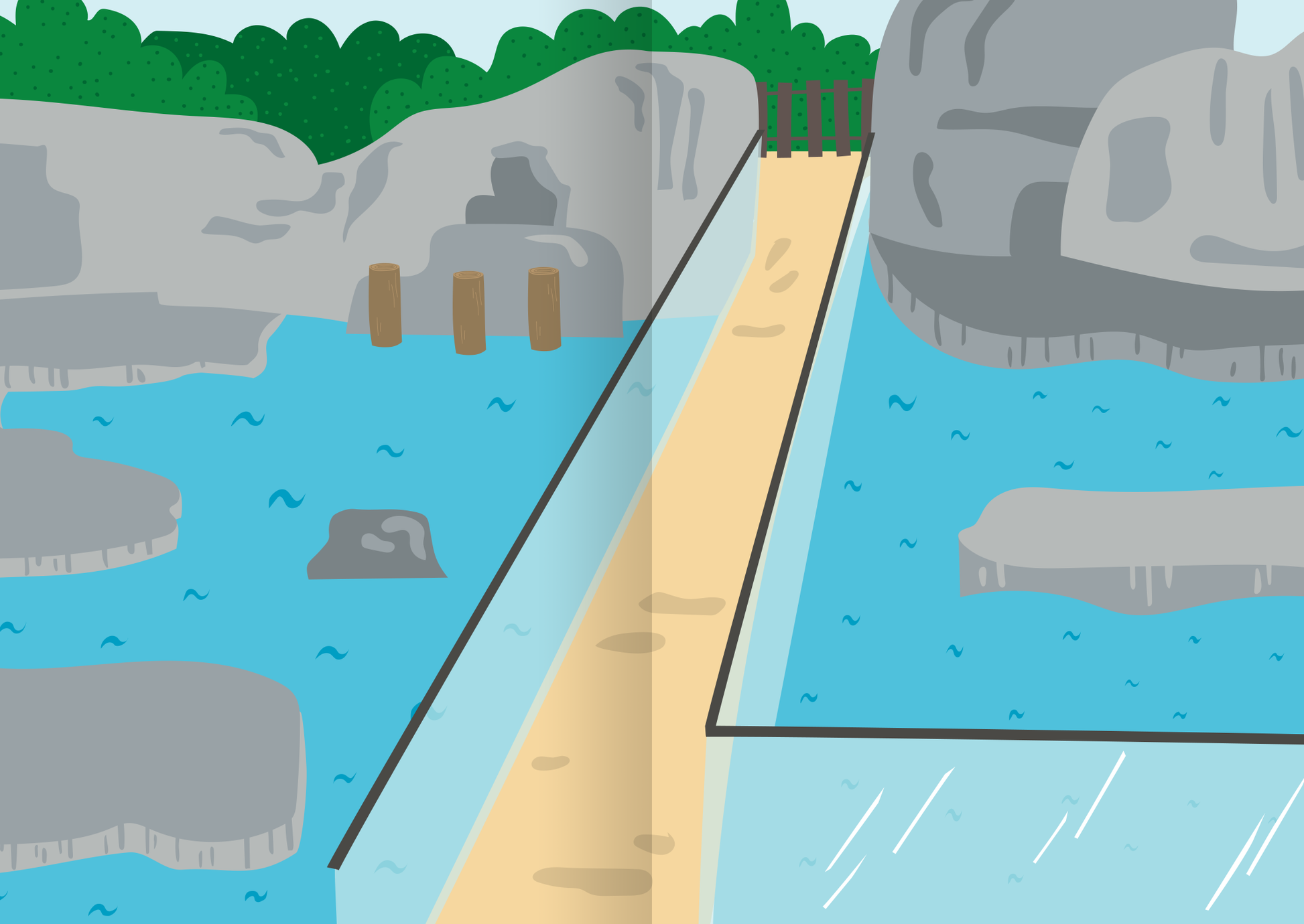 Gezeigt wird eine Innen- oder Zusatzansicht von „MINI-Stickerheft – Im Zoo“. Die Illustration zeigt eine bunte Zoo-Szene mit einem ruhigen Gewässer, das von grauen Felsen umgeben ist. Ein schmaler Sandweg führt durch das Bild, während grüne Bäume im Hintergrund für eine natürliche Atmosphäre sorgen. Die Farbpalette umfasst sanfte Blau- und Grautöne, die Harmonie und Ruhe ausstrahlen. Die einfache, kindgerechte Typografie ergänzt das freundliche Design.