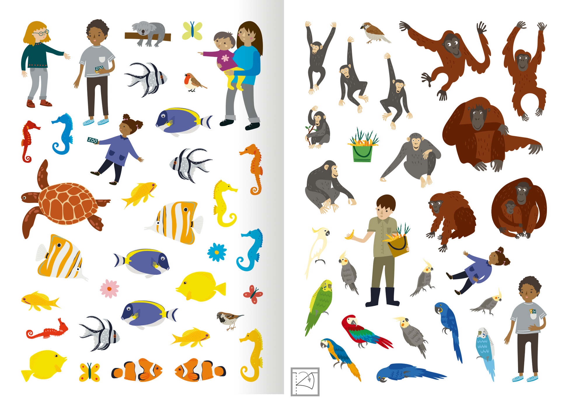 Gezeigt wird eine Innen- oder Zusatzansicht von „MINI-Stickerheft – Im Zoo“. Die Seite ist bunt gestaltet und zeigt unterschiedliche Tiere wie Fische, Schildkröten und Primaten sowie Kinder, die mit Tieren interagieren. Die Farben sind lebhaft, vorwiegend in Blau, Grün und Gelb. Die Typografie ist klar und kindgerecht, um die niedlichen Illustrationen hervorzuheben und die Begeisterung für die Tierwelt zu fördern.