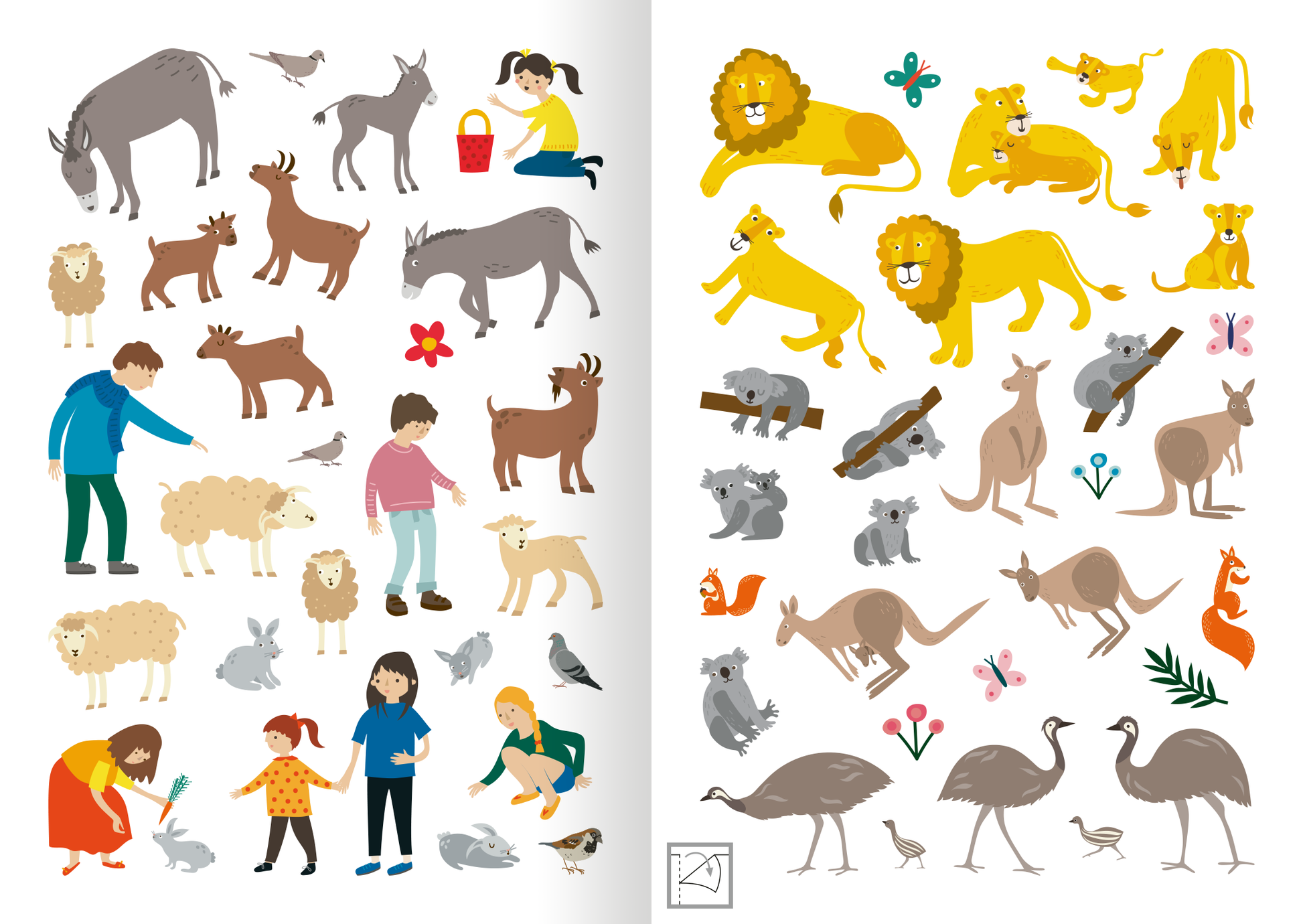 Gezeigt wird eine Innen- oder Zusatzansicht von „MINI-Stickerheft – Im Zoo“. Die Illustration zeigt eine bunte Ansammlung von Tieren und Menschen. Auf der linken Seite sind verschiedene Tiere wie Schafe, Ziegen und ein Hund in sanften Brauntönen zu sehen, während Kinder mit ihnen interagieren. Auf der rechten Seite dominieren leuchtende Gelbtöne der Löwen, ergänzt von weiteren Tieren wie Kängurus und Eulen. Die Figuren sind freundlich und cartoonhaft gestaltet, mit klaren,...