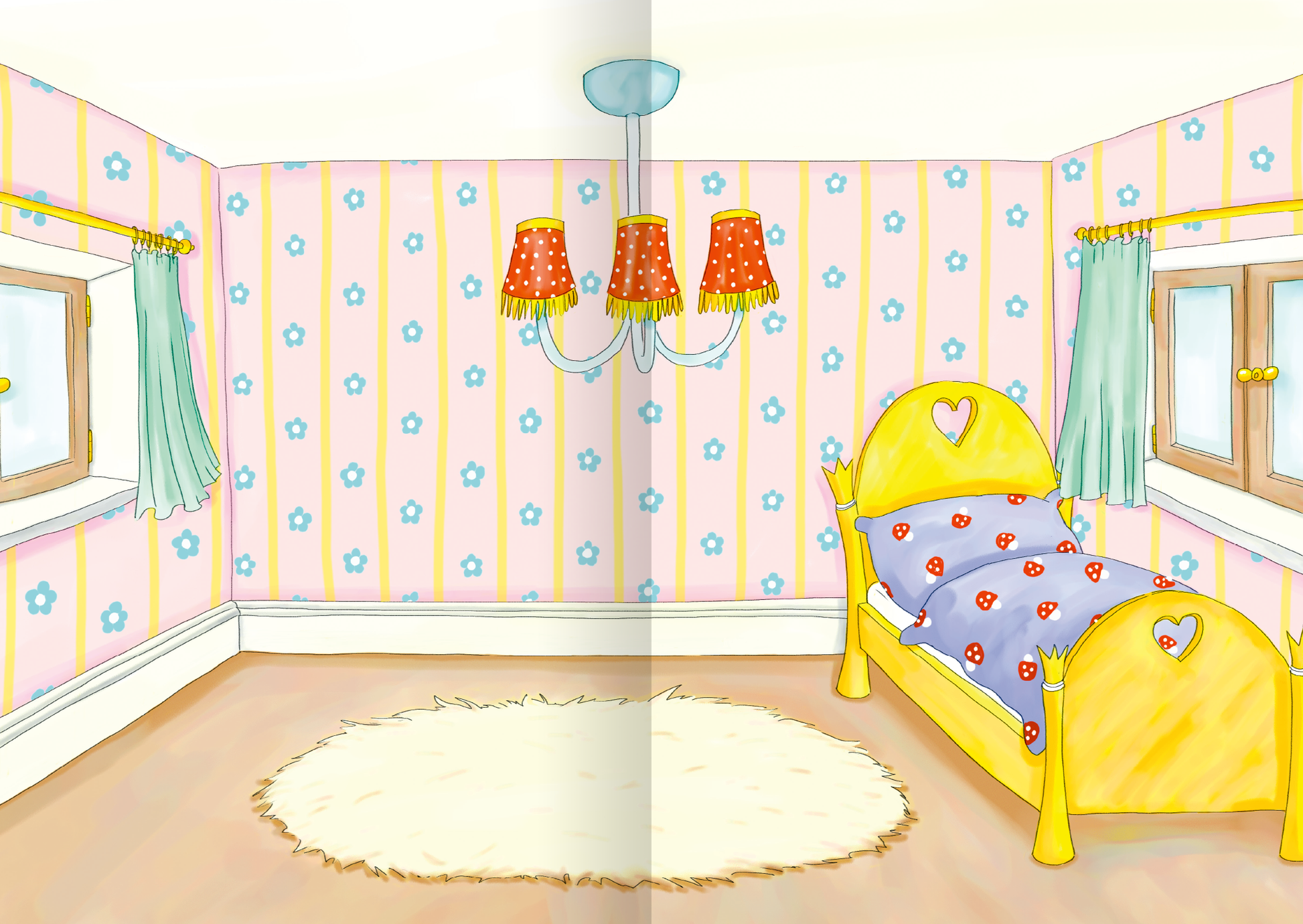 Gezeigt wird eine Innen- oder Zusatzansicht von „MINI-Stickerheft – Prinzessinnen“. Die Illustration zeigt ein Kinderzimmer mit einem gelben Bett, das ein herzförmiges Design aufweist, und einer bunten Bettdecke mit Punkten. Die Wände sind in sanften Rosa- und Gelbtönen gestaltet und mit kleinen Blumenmustern verziert. Einhängevorhänge in Türkis und eine rote Deckenlampe mit gelben Lampenschirmen runden das harmonische Bild ab. Der Boden ist mit einem flauschigen, weißen Teppich...