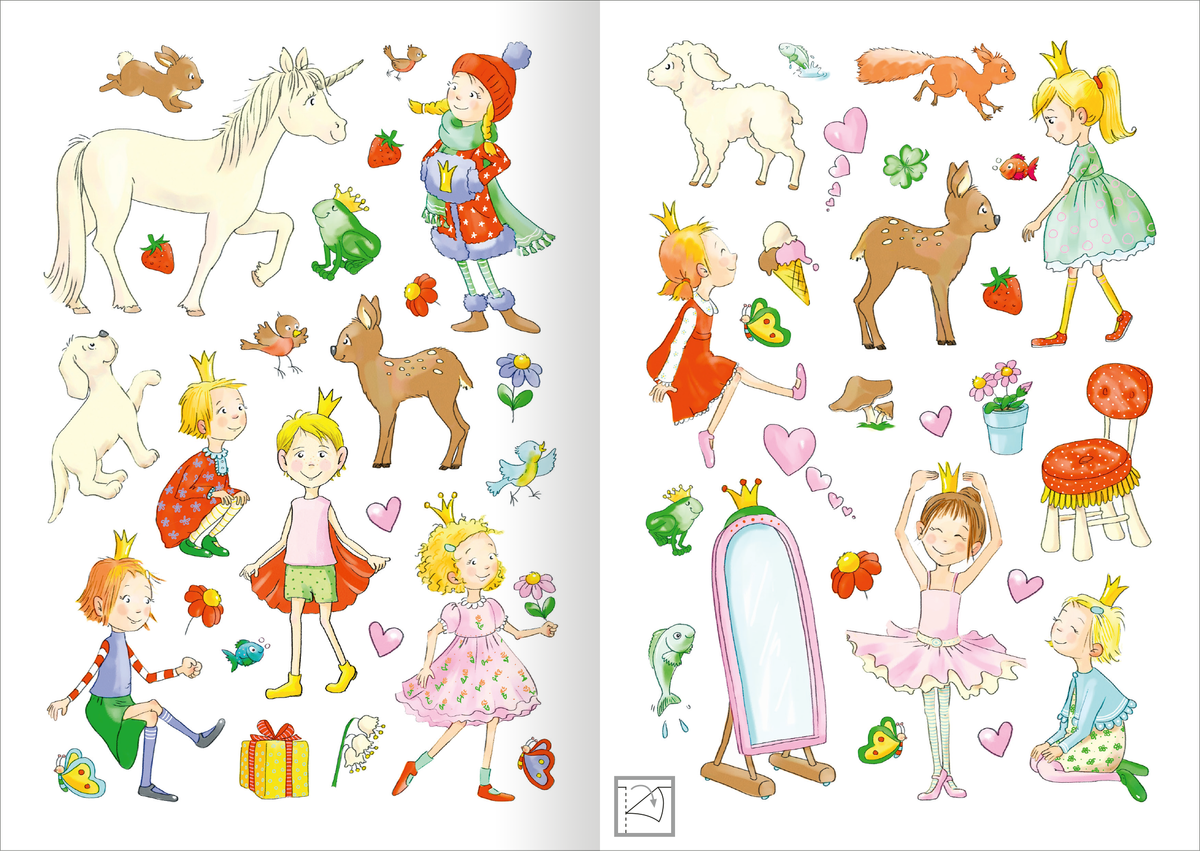 Gezeigt wird eine Innen- oder Zusatzansicht von „MINI-Stickerheft – Prinzessinnen“. Die Illustration zeigt eine bunte Zusammenstellung von bunten Stickern, darunter Prinzessinnen in verschiedenen Outfits, ein Einhorn, ein Reh und zahlreiche fröhliche Elemente wie Herzen, Blumen und Geschenke. Die Farben sind hell und einladend, vor allem Pastell- und Primärfarben dominieren. Die Typografie ist spielerisch und kindgerecht gestaltet, mit klaren, gut lesbaren Schriftarten.