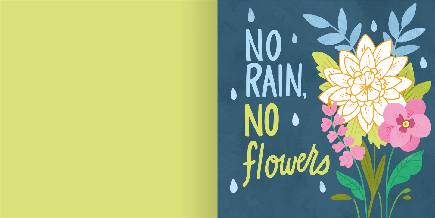 Gezeigt wird eine Innen- oder Zusatzansicht von „I Love to Bloom – Diamantsticker“. Der Hintergrund ist in einem tiefen Blau gehalten, das kontrastiert mit hellen Blumenmotiven in verschiedenen Farben, darunter Gelb, Rosa und Weiß. Die Typografie lässt die Botschaft „NO RAIN, NO FLOWERS“ in einem dynamischen und verspielten Stil erscheinen, wobei die Wörter in Gelb und Weiß gestaltet sind. Links befindet sich eine grüne Fläche, die optische Balance schafft.