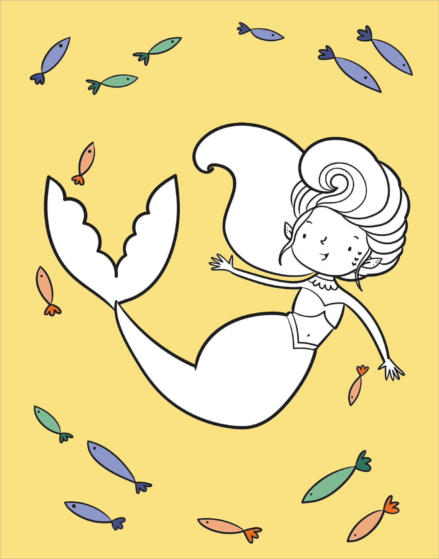 Gezeigt wird eine Innen- oder Zusatzansicht von „Diamant-Malbuch Meerjungfrauen“. Die Illustration zeigt eine fröhliche Meerjungfrau mit welligem, langen Haar und einer eleganten Schwanzflosse. Sie schwimmt im Vordergrund auf einem leuchtend gelben Hintergrund, umgeben von kleinen, bunten Fischen in verschiedenen Farben, darunter Blau, Lila und Orange. Die einfache, klare Linienführung der Zeichnung unterstreicht die verspielte Atmosphäre des Malbuchs.