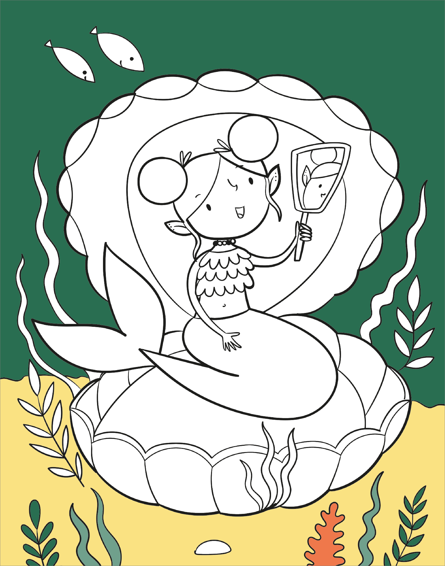 Gezeigt wird eine Innen- oder Zusatzansicht von „Diamant-Malbuch Meerjungfrauen“. Die Abbildung zeigt eine lächelnde Meerjungfrau, die in einer großen Muschel sitzt und einen Spiegel hält. Sie hat lange Haare und eine klare Schwanzflosse. Um sie herum sind stilisierte Wasserpflanzen und zwei Fische, die im Hintergrund schwimmen. Der Hintergrund ist in einem tiefen Grün gehalten, während die Muschel und die Unterwasserwelt in hellen, klaren Linien gezeichnet sind. Die Typografie und die...