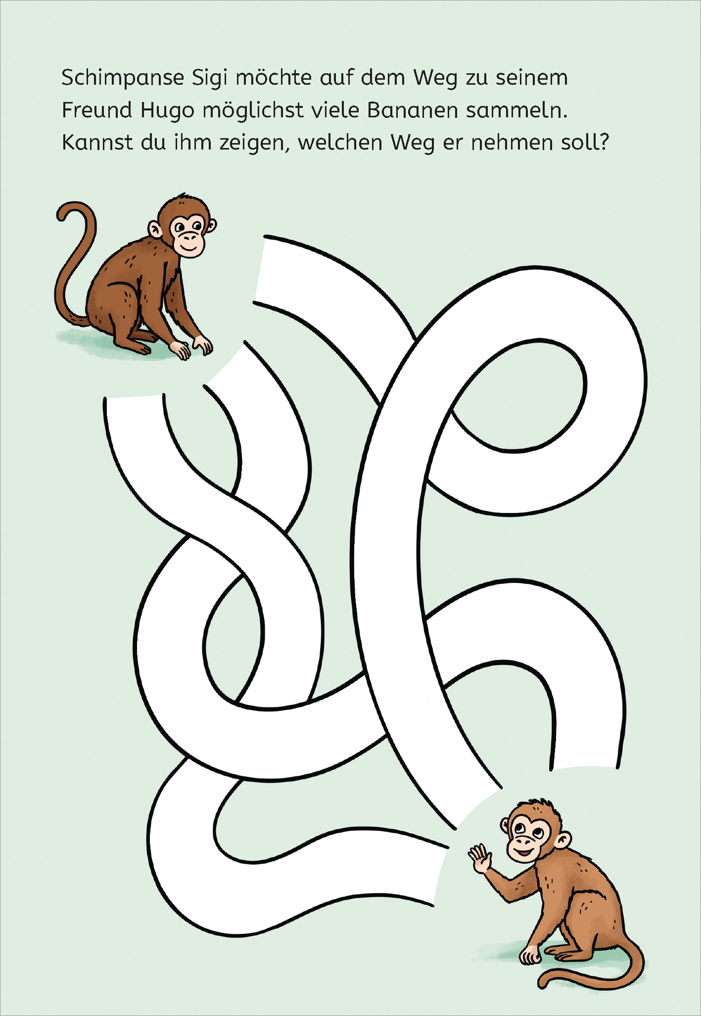 Gezeigt wird eine Innen- oder Zusatzansicht von „Zauberbilder-Rätsel – Tiere“. Die Illustration zeigt einen hellgrünen Hintergrund mit zwei niedlichen Schimpansen, die Links und Rechts positioniert sind. Zwischen ihnen verläuft ein verwickelter Pfad in geschwungenen, weißen Linien. Über den Affen steht der Text: „Schimpanse Sigi möchte auf dem Weg zu seinem Freund Hugo möglichst viele Bananen sammeln. Kannst du ihm zeigen, welchen Weg er nehmen soll?“. Die Schrift ist in einer...