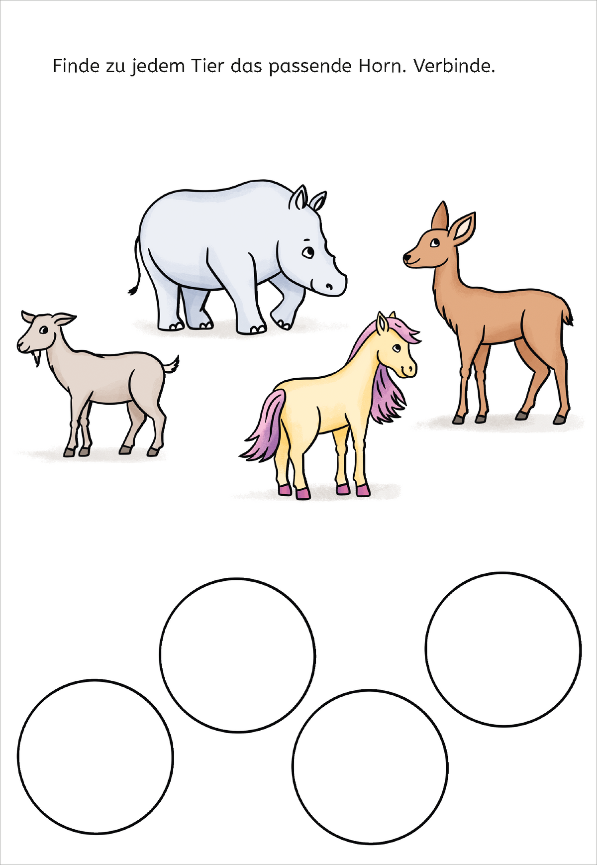 Gezeigt wird eine Innen- oder Zusatzansicht von „Zauberbilder-Rätsel – Einhörner“. Die Illustration zeigt vier Tiere: ein Zicklein, ein Nashorn, ein Reh und ein Einhorn mit bunter Mähne. Über den Tieren steht der Text „Finde zu jedem Tier das passende Horn. Verbinde.“ Die Farben sind lebhaft und spielerisch. Vier leere Kreise am unteren Bildrand sollen ausgemalt werden, um die richtigen Hörner der Tiere sichtbar zu machen.