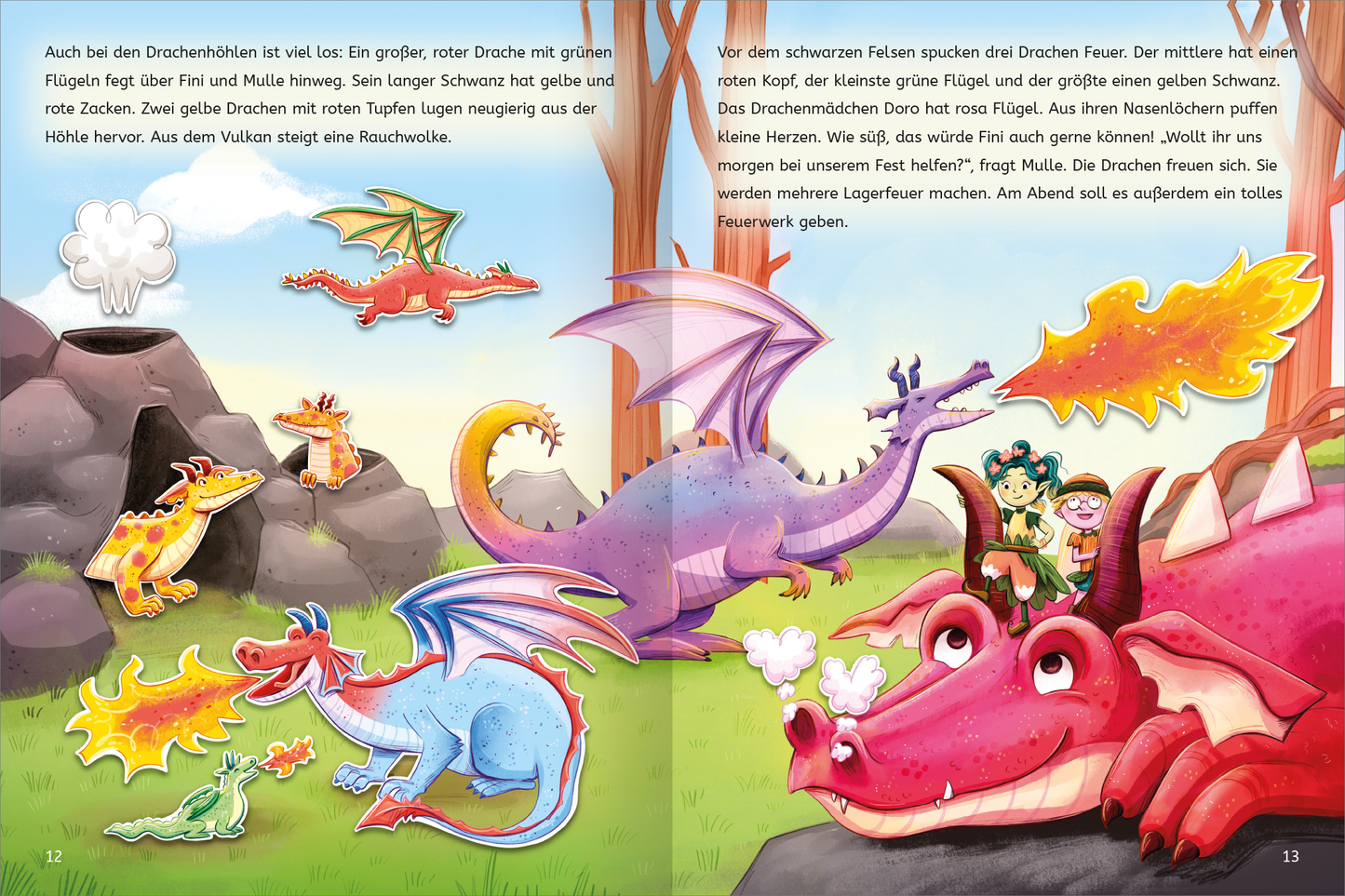 Gezeigt wird eine Innen- oder Zusatzansicht von „Mit Stickern Lesen lernen – Im Zauberwald“. Die Doppelseite zeigt eine lebendige Drachenlandschaft mit verschiedenen Drachen in kräftigen Farben, darunter rot, grün und lila. Die Charaktere auf der rechten Seite, ein Junge und ein Mädchen, sind in freundlicher Interaktion mit den Drachen dargestellt. Die Typografie ist spielerisch und farbenfroh, passend zur kindgerechten Thematik. Der Hintergrund ist eine malerische Waldlandschaft mit...