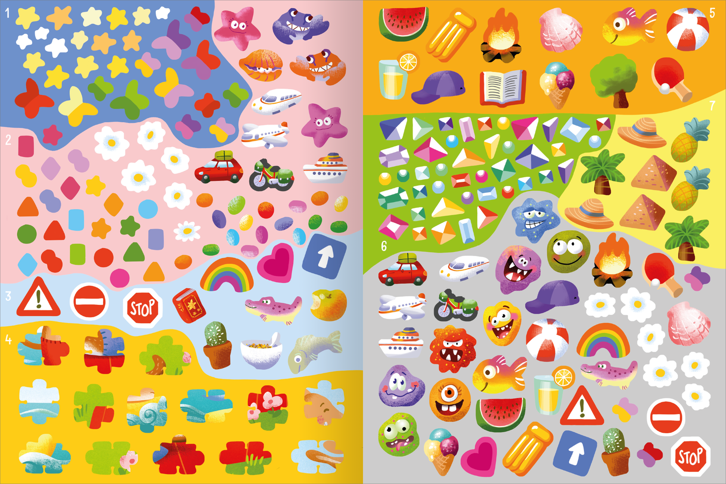 Gezeigt wird eine Innen- oder Zusatzansicht von „Mein erstes Sticker-Bastelheft – Ferien“. Die Ansicht präsentiert farbenfrohe Aufkleber auf zwei Seiten. Auf der linken Seite sind bunte Formen, Fahrzeuge, Blumen und Tiere in lebhaften Farben wie Rot, Blau und Gelb angeordnet. Auf der rechten Seite finden sich ähnliche Elemente, darunter Früchte, Süßigkeiten und kreative Muster, alles in hellen, einladenden Tönen.