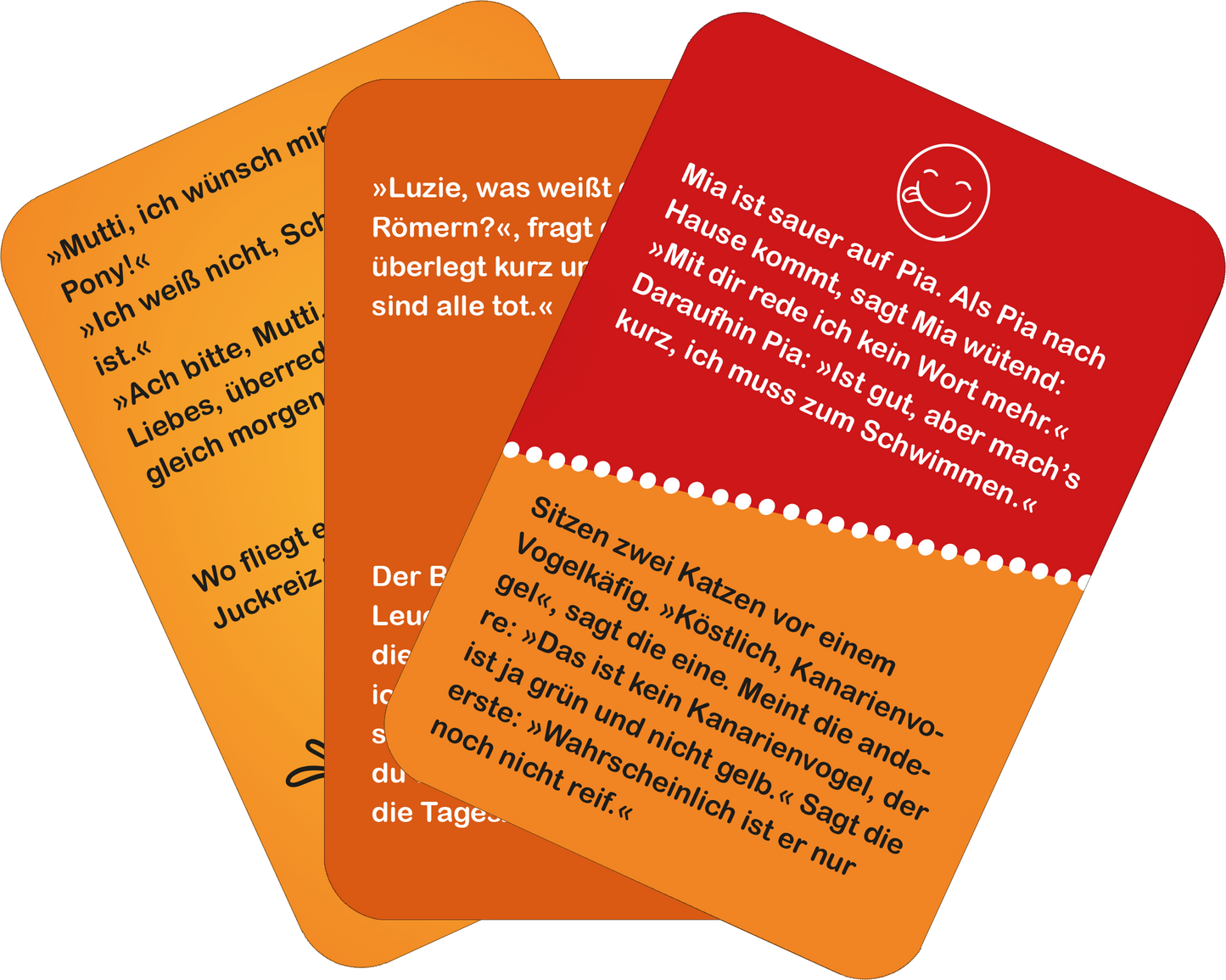 Gezeigt wird eine Innen- oder Zusatzansicht von „Quatsch mit Soße (Katze)“. Die Ansicht zeigt drei zusammenliegende Karten in verschiedenen Farben: eine orange, eine gelbe und eine rote Karte. Jede Karte enthält humorvolle Texte in einfacher, gut lesbarer Schrift. Der Text ist schwarz. Die Karten sind mit geschwungenen und punktierten Linien dekoriert, die die verspielte Gestaltung unterstreichen.