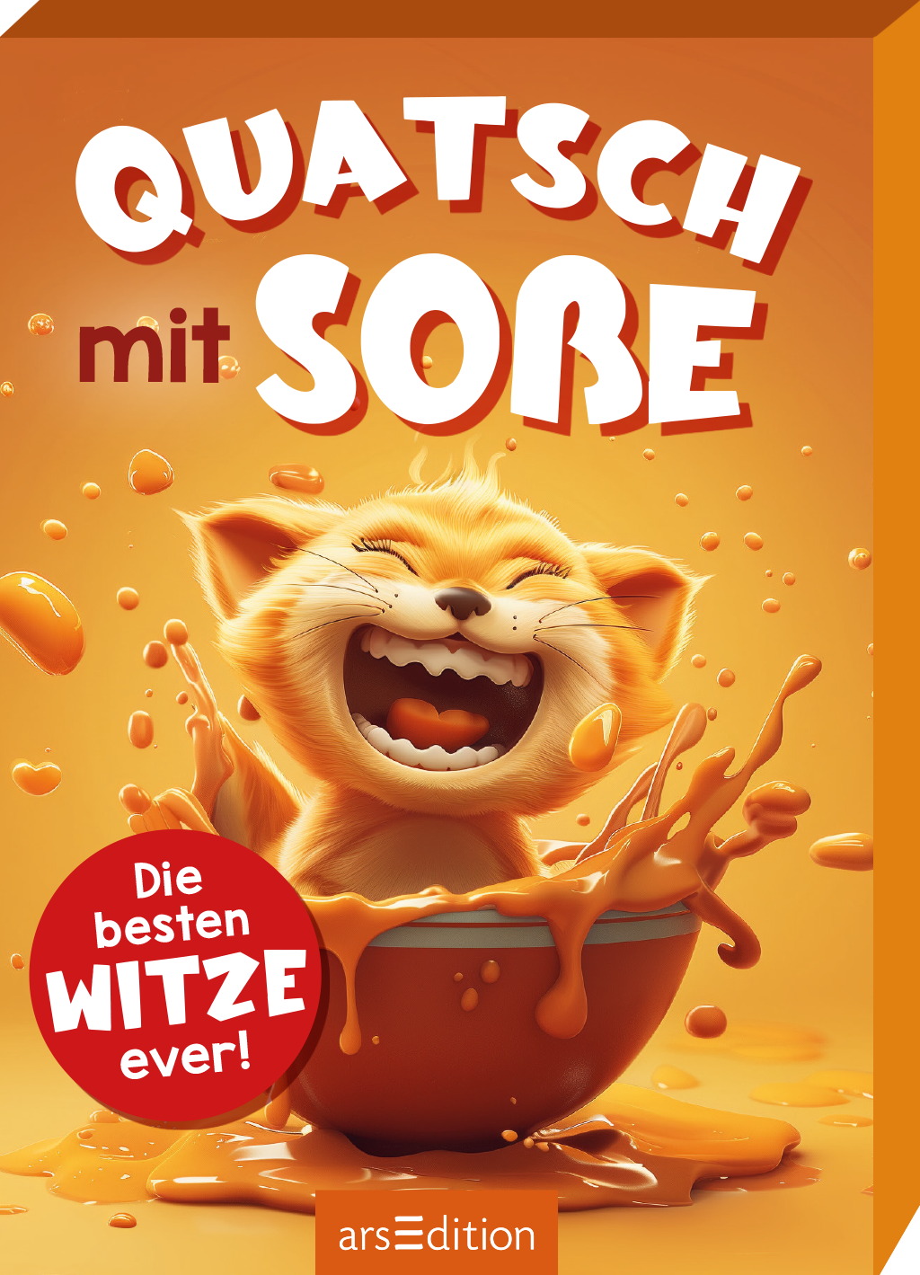 Zu sehen ist die 3D-Ansicht der Kartenbox. Auf dem Cover „QUATSCH mit SOßE“ ist ein fröhliches, cartoonhaftes Kätzchen zu sehen, das lachend aus einer bunten Schüssel mit orangefarbener Flüssigkeit springt. Der Hintergrund strahlt in lebhaften Orangetönen, die eine heitere Stimmung erzeugen. Der Titel ist groß und auffällig in einer verspielten Schriftart weiß gehalten, das Wort „SOßE“ hebt sich durch eine leicht abweichende Schrift hervor. Ein roter Button in der unteren...