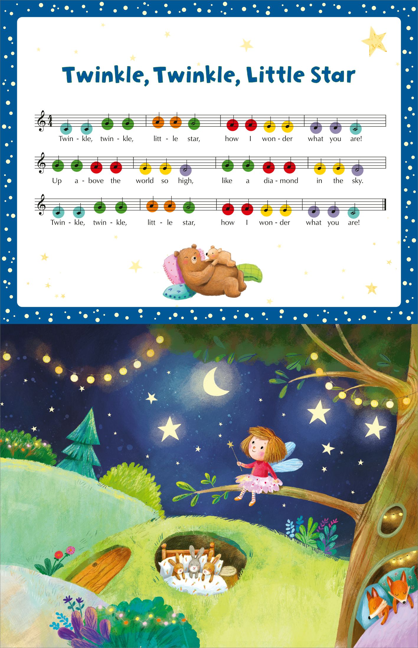 Gezeigt wird eine Innen- oder Zusatzansicht von „My Piano Book | Mein Klavierbuch“. Oben ist das Lied „Twinkle, Twinkle, Little Star“ mit bunten Noten und einem blauen Hintergrund mit weißen Sternen abgebildet. Darunter zeigt eine farbenfrohe Illustration ein mondbeschienenes Nachtszenario mit einem Mädchen im rosa Kleid, das auf einer Baumplattform sitzt, umgeben von kleinen Tieren und leuchtenden Sternen. Die verspielte Typografie sorgt für eine einladende Atmosphäre.