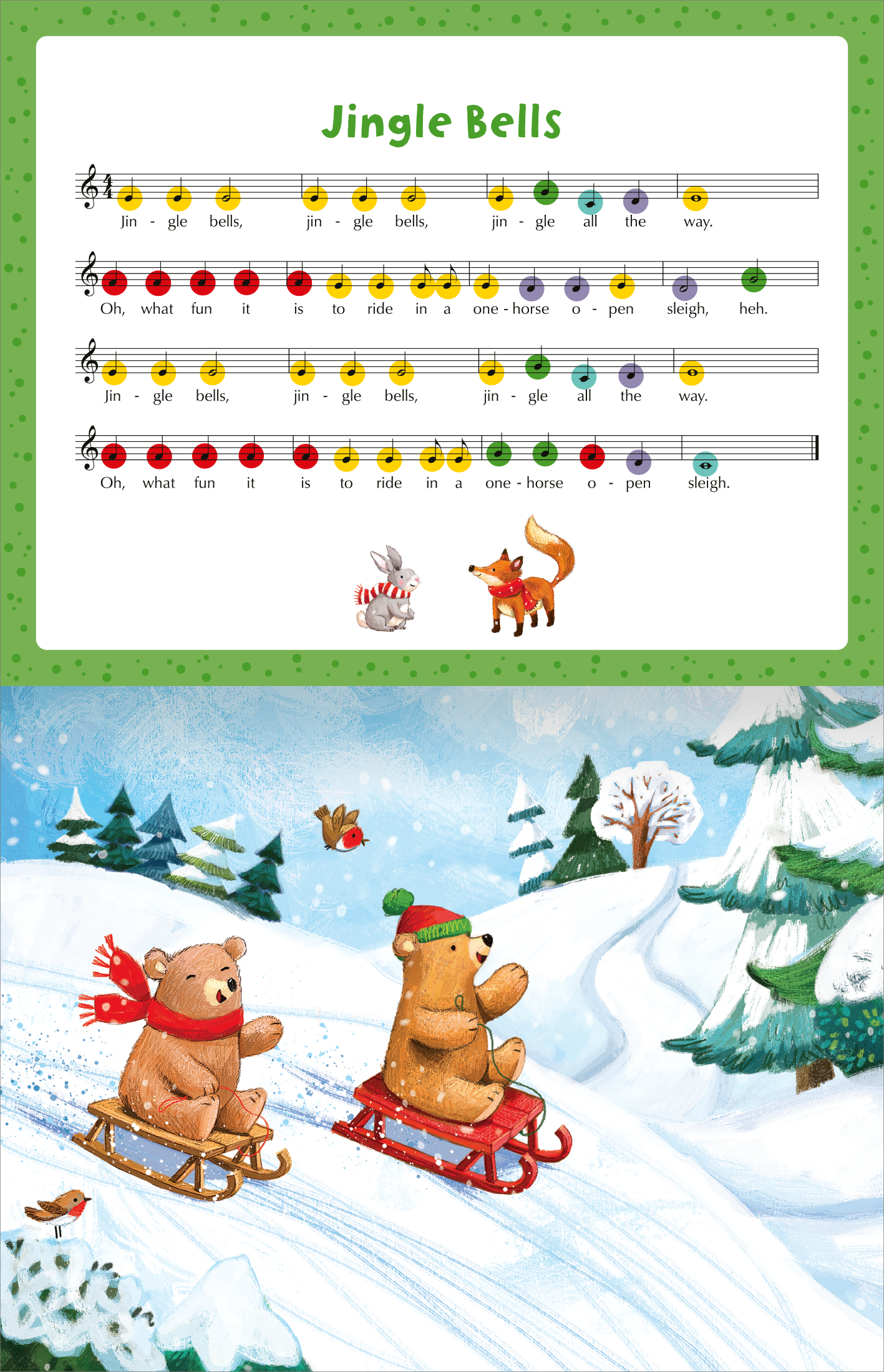 Gezeigt wird eine Innen- oder Zusatzansicht von „My Piano Book | Mein Klavierbuch“. Oben befindet sich das Notenblatt für „Jingle Bells“, in bunten Noten mit rot, gelb und grün hervorgehobenen Tonhöhen. Darunter ist eine farbenfrohe Illustration, die zwei Bären zeigt, die auf Schlitten in einer verschneiten Winterlandschaft fahren. Die Bildunterschrift ist in fröhlichen, leicht lesbaren Buchstaben gestaltet, vor einem hellgrünen Hintergrund mit kleinen Punkten.