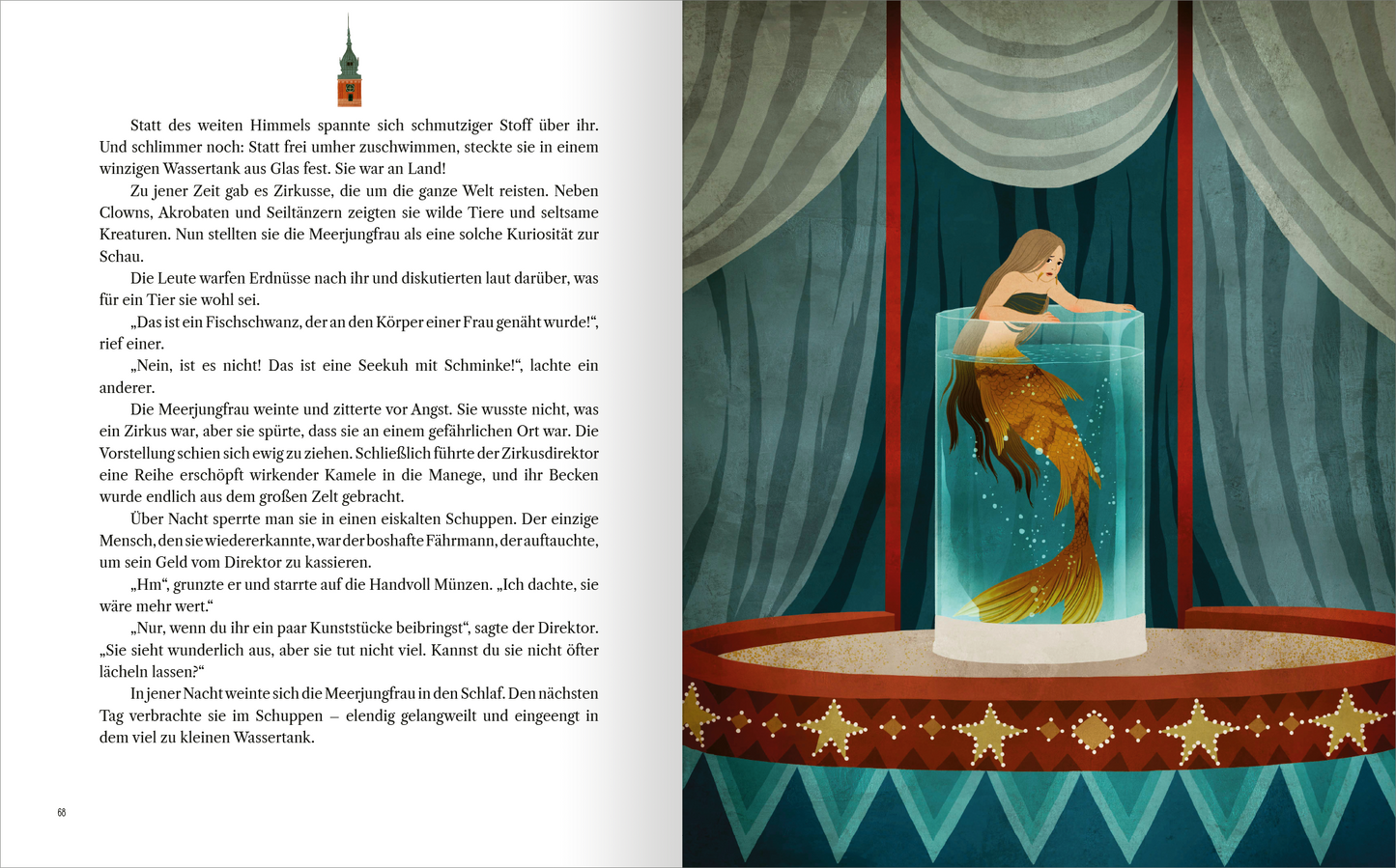 Gezeigt wird eine Innen- oder Zusatzansicht von „Mythen der Meere“. Die Illustration zeigt eine Meerjungfrau mit schimmerndem, orangefarbenem Haar, die in einem transparenten Wasserbecken sitzt. Der Hintergrund besteht aus tiefen Blau- und Türkistönen, die das Gefühl von Wasser vermitteln. Ornate goldene Akzente sind am Rand des Beckens zu sehen. Der Text links ist in einer klaren, leicht lesbaren Schriftart abgedruckt, wobei wichtige Passagen hervorgehoben sind, um die Lesbarkeit zu...