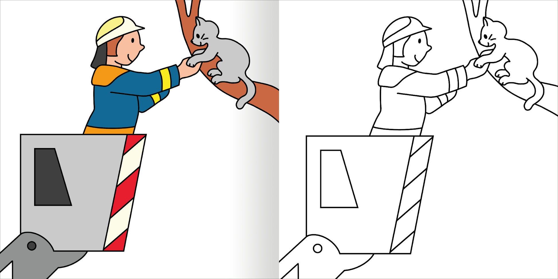 Gezeigt wird eine Innen- oder Zusatzansicht von „Mein erstes dickes Malbuch ab 2 – Polizei & Feuerwehr“. Die Abbildung zeigt auf der linken Seite einen Feuerwehrmann in bunten Farben, der aus einem Feuerwehrfahrzeug heraus eine Katze von einem Baum rettet. Der Hintergrund ist hell und freundlich. Auf der rechten Seite befindet sich eine Ausmalvorlage in schwarz-weiß derselben Szene, die Kinder zum Ausmalen einlädt. Die Linien sind klar und einfach gestaltet.